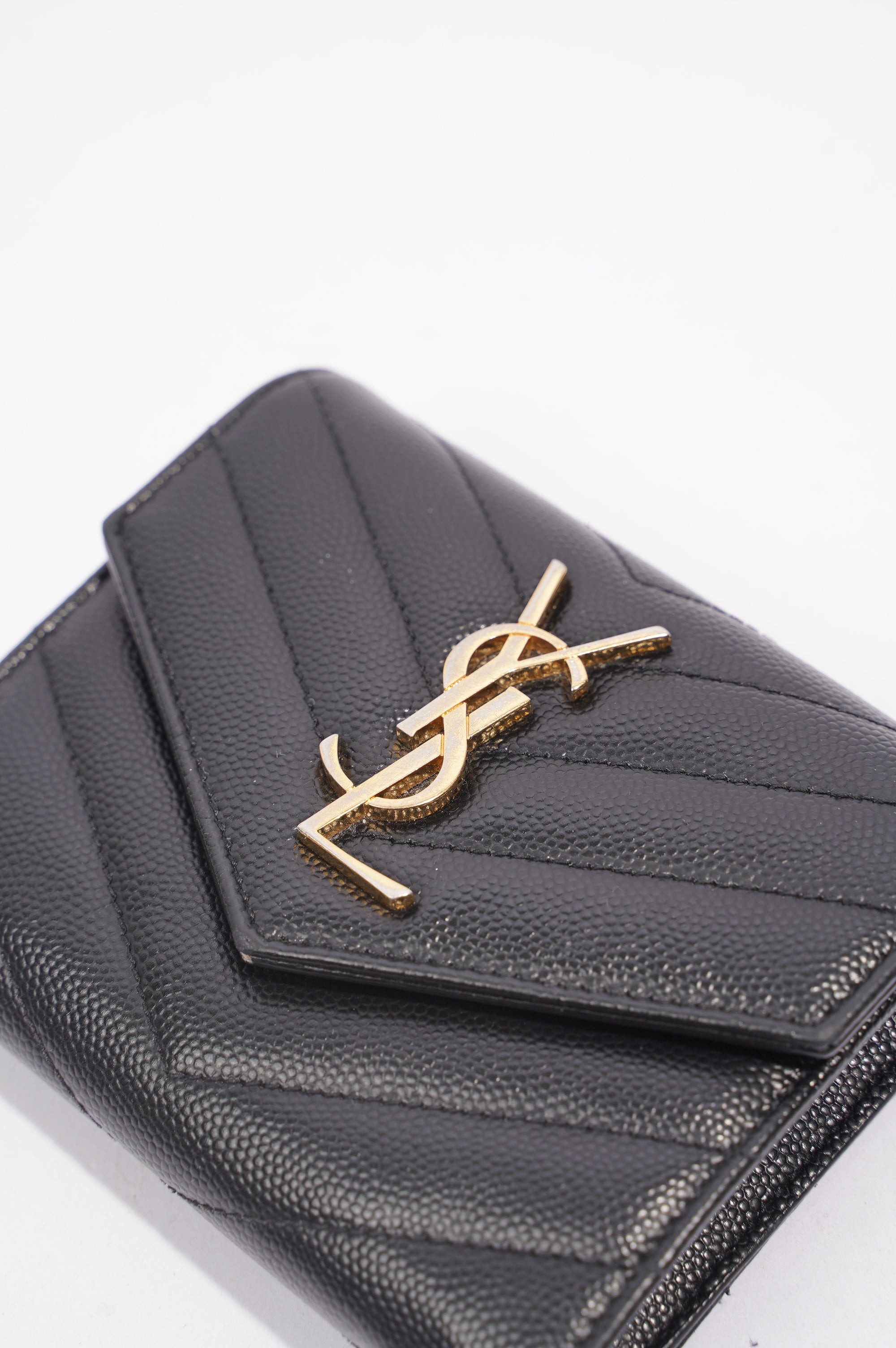 Saint Laurent Womens Compact Tri Fold Cassandre Wallet Black Leather