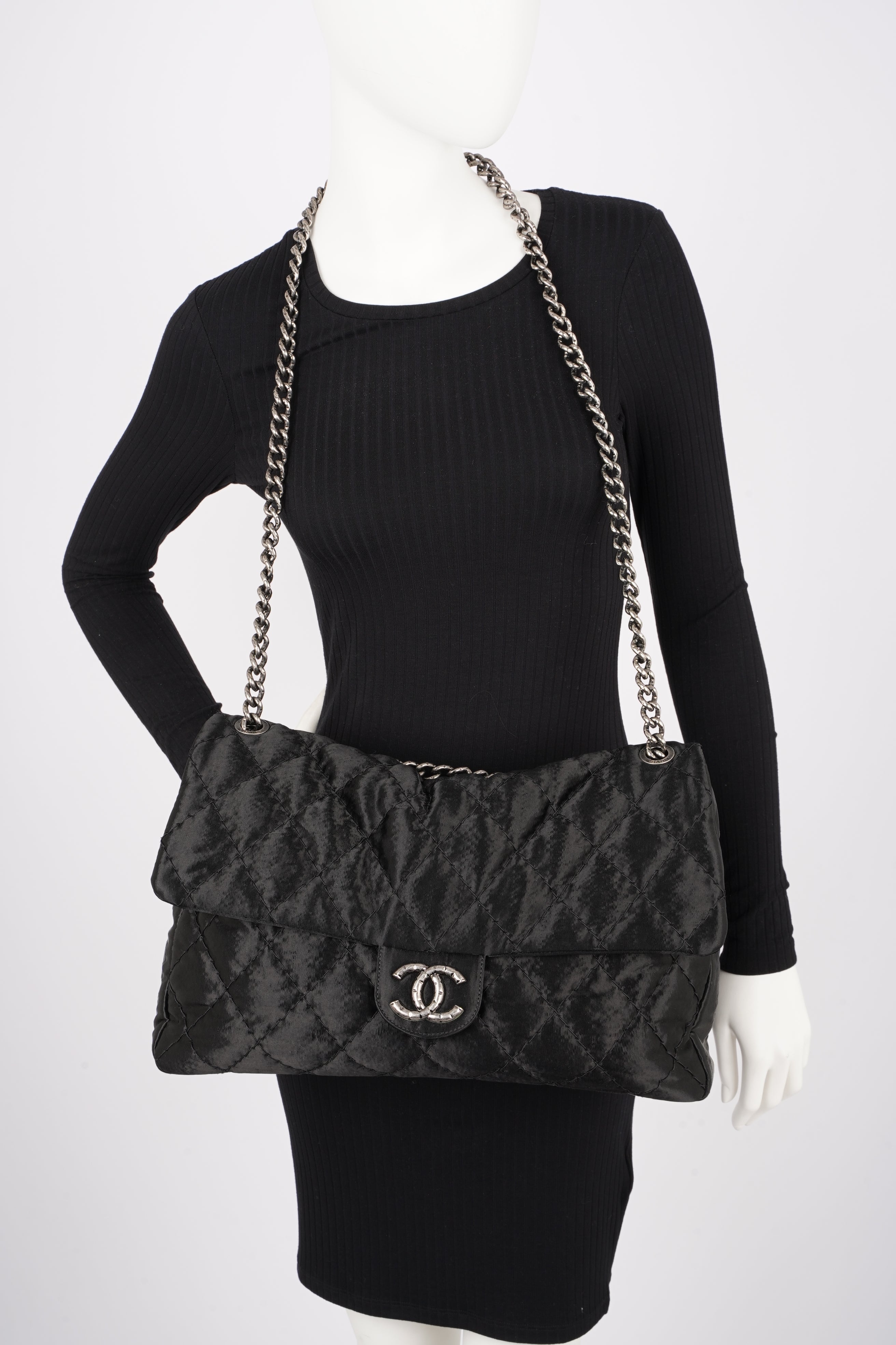 Chanel Satin Single Flap Bag Black Small XXL