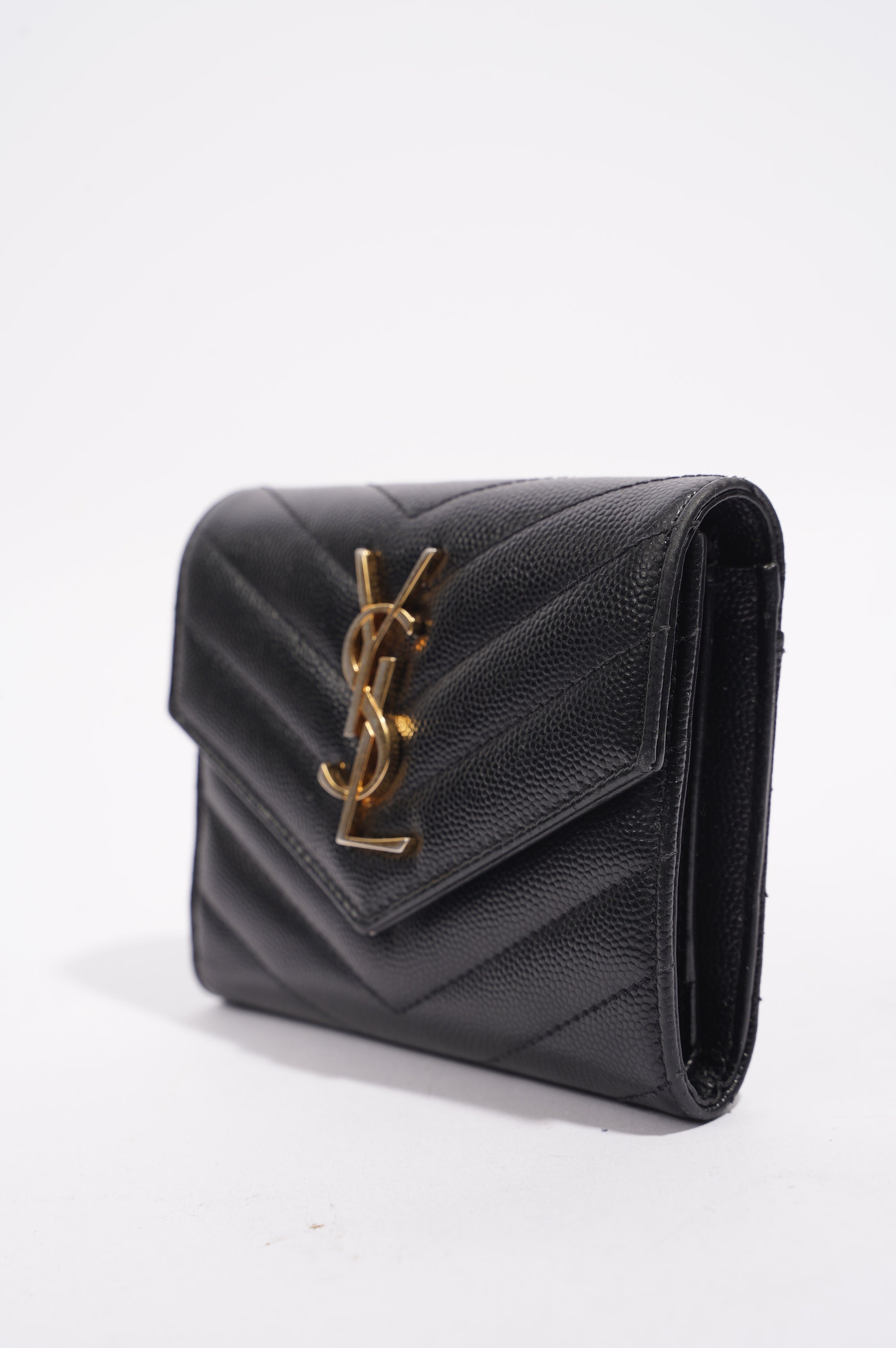Saint Laurent Womens Compact Tri Fold Cassandre Wallet Black Leather
