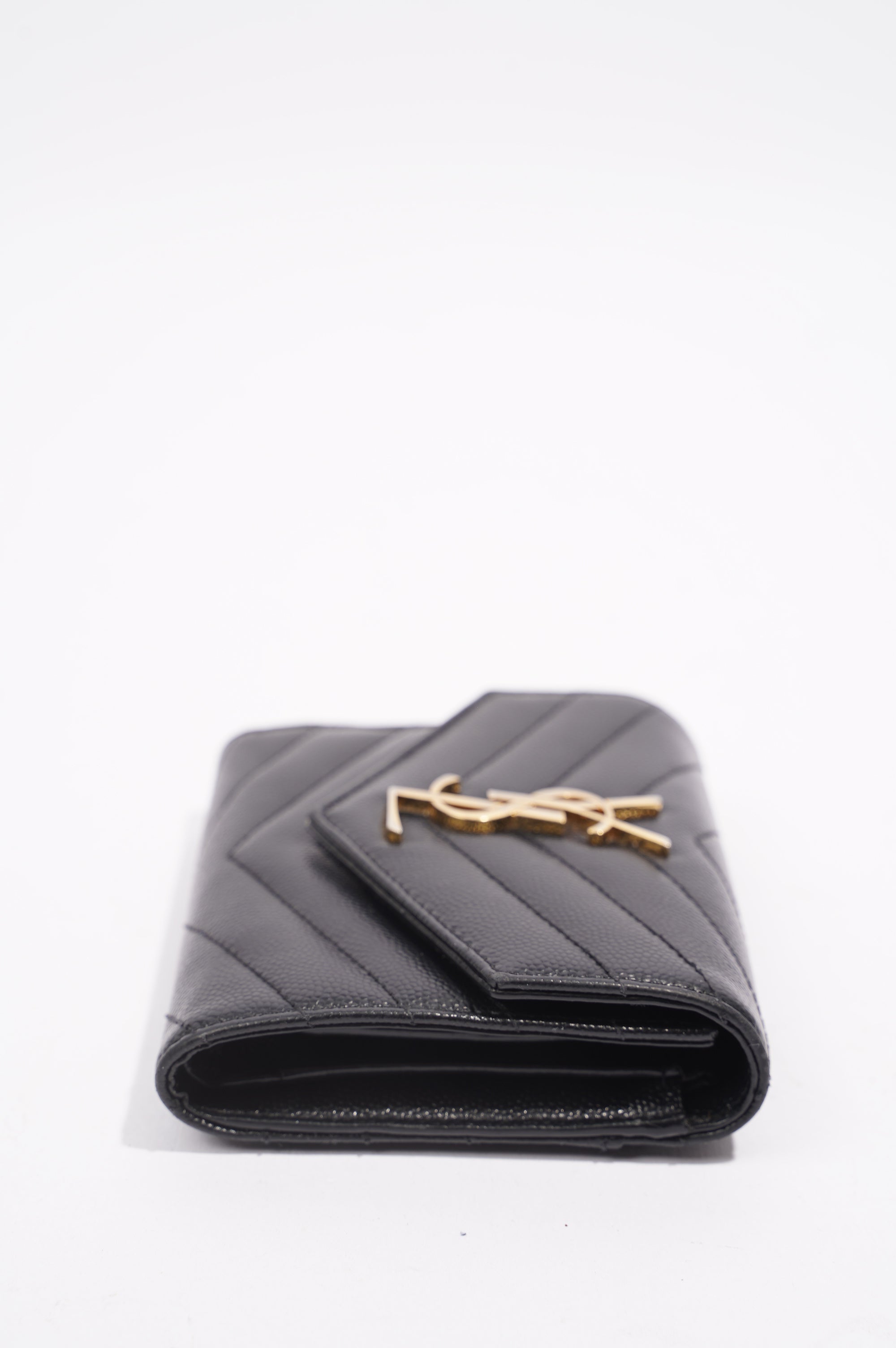 Saint Laurent Womens Compact Tri Fold Cassandre Wallet Black Leather