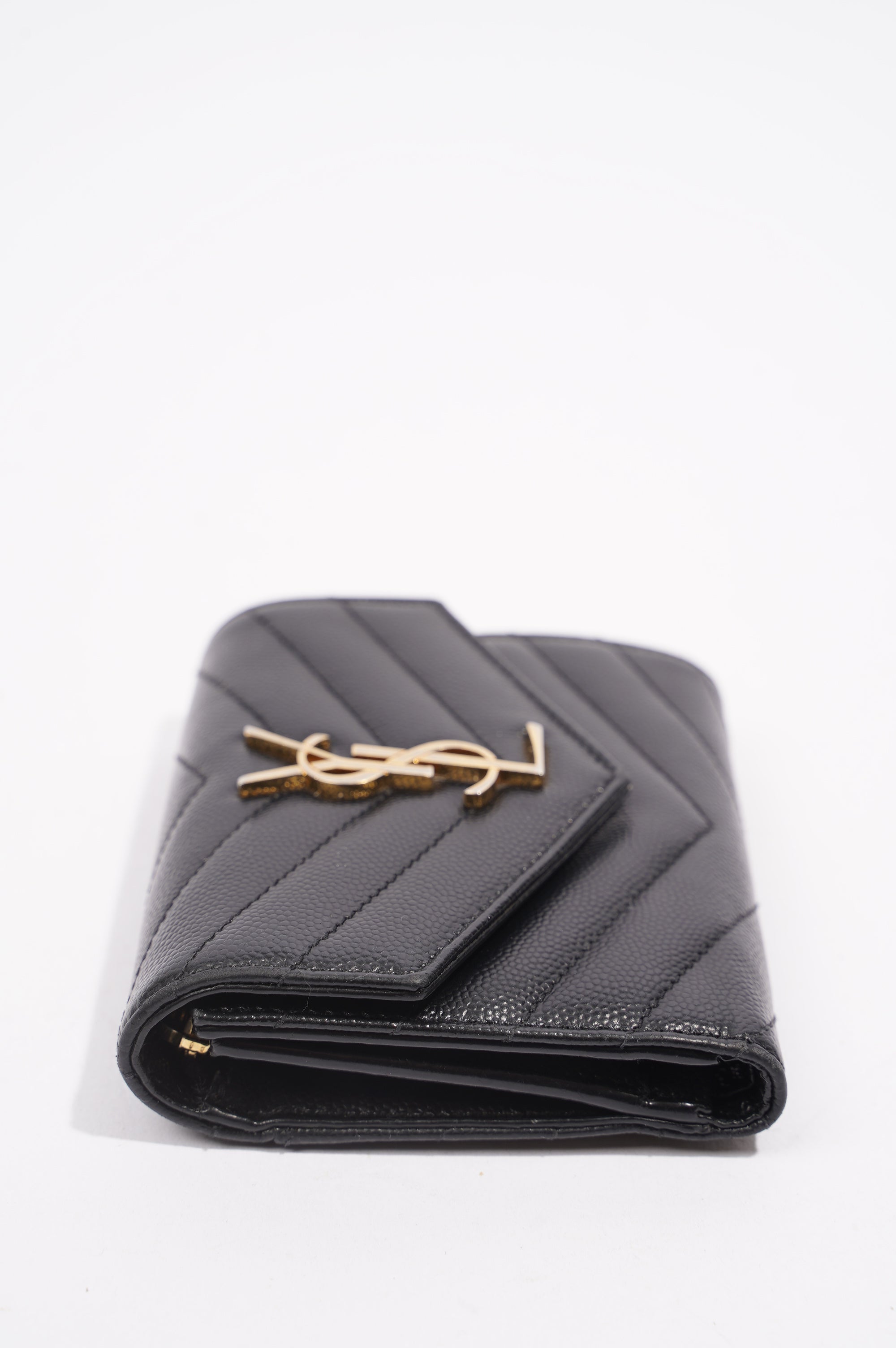 Saint Laurent Womens Compact Tri Fold Cassandre Wallet Black Leather