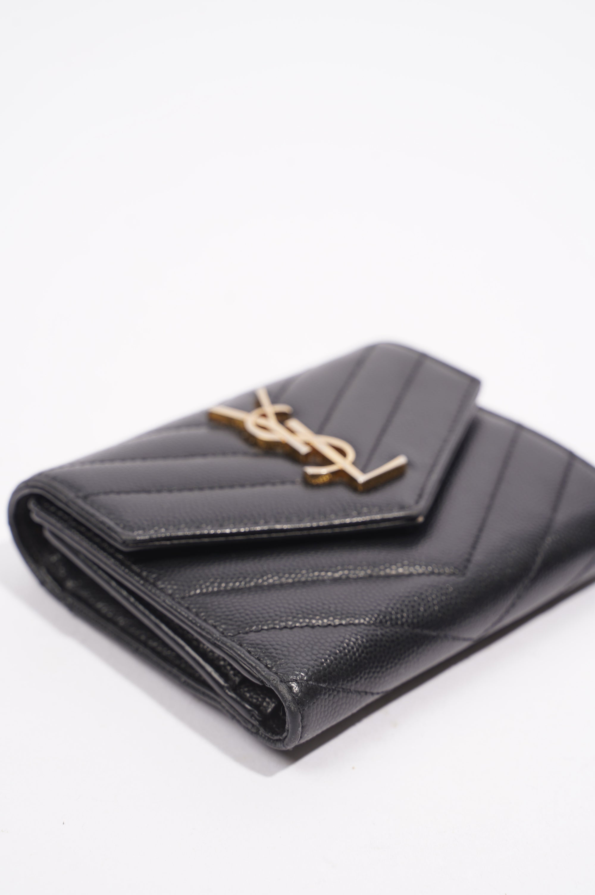 Saint Laurent Womens Compact Tri Fold Cassandre Wallet Black Leather