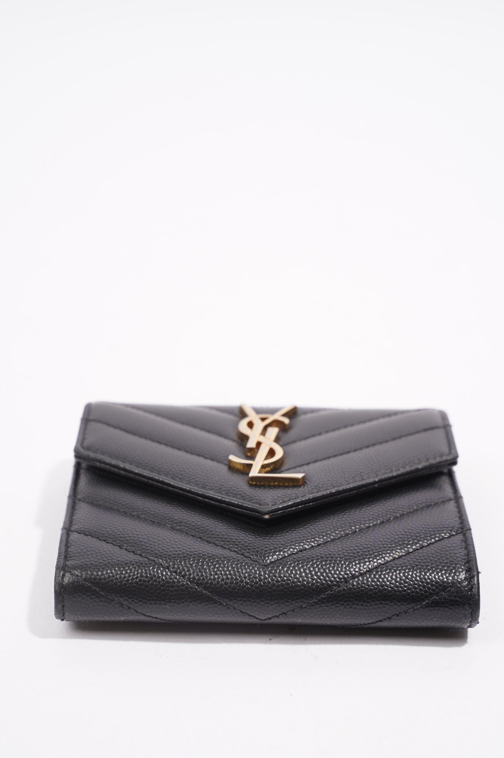 Saint Laurent Womens Compact Tri Fold Cassandre Wallet Black Leather