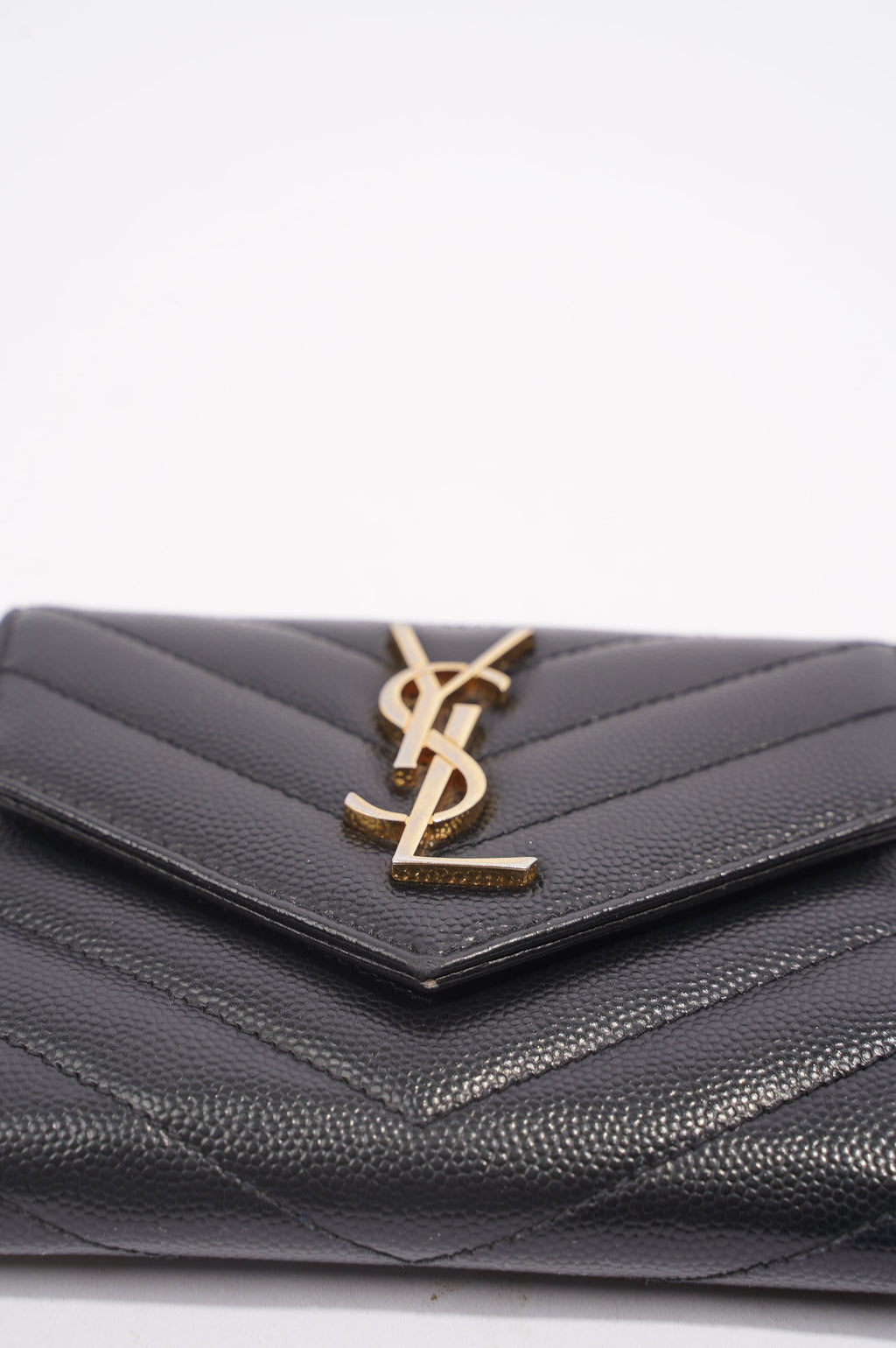 Saint Laurent Womens Compact Tri Fold Cassandre Wallet Black Leather