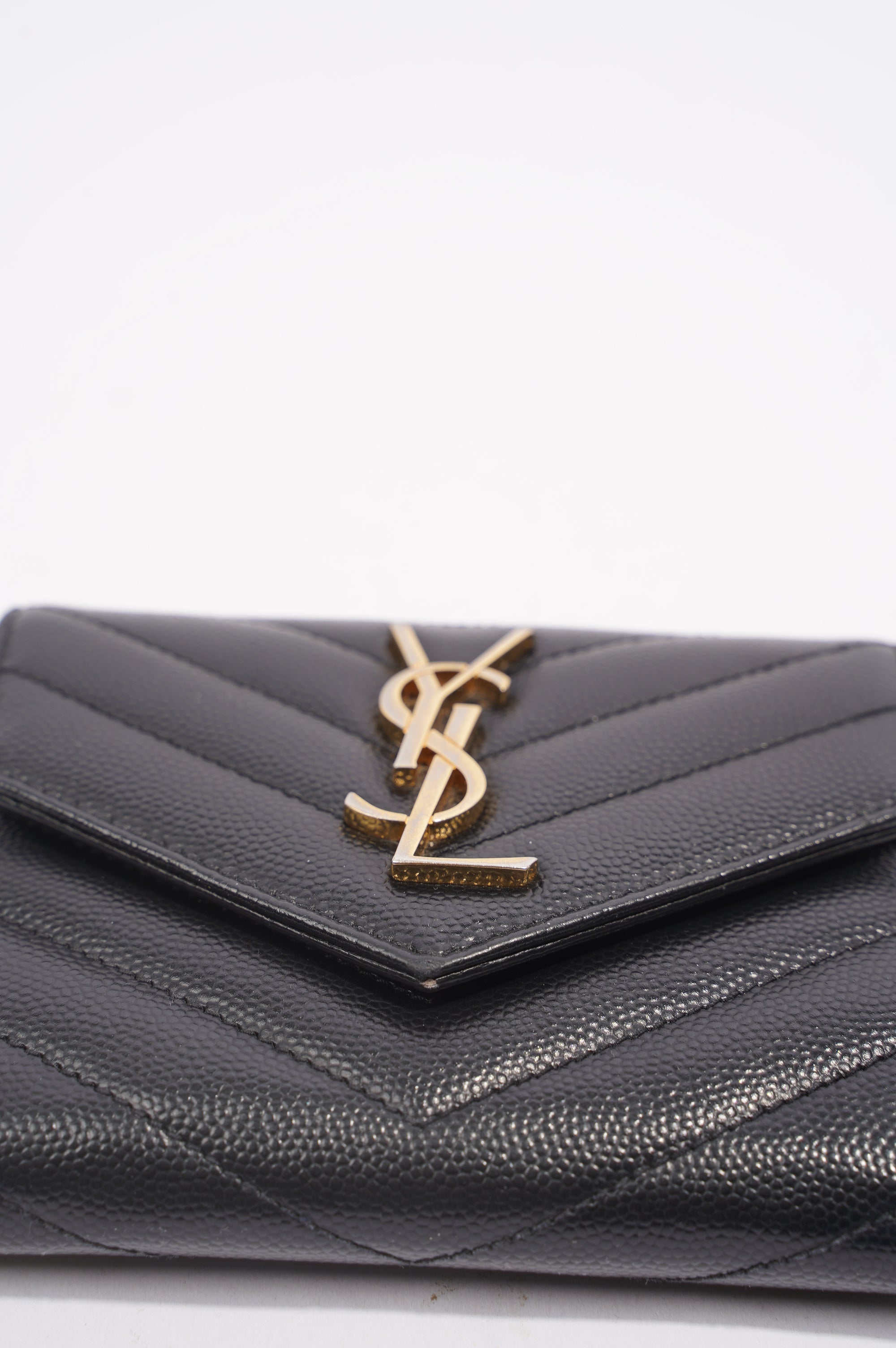 Saint Laurent Womens Compact Tri Fold Cassandre Wallet Black Leather