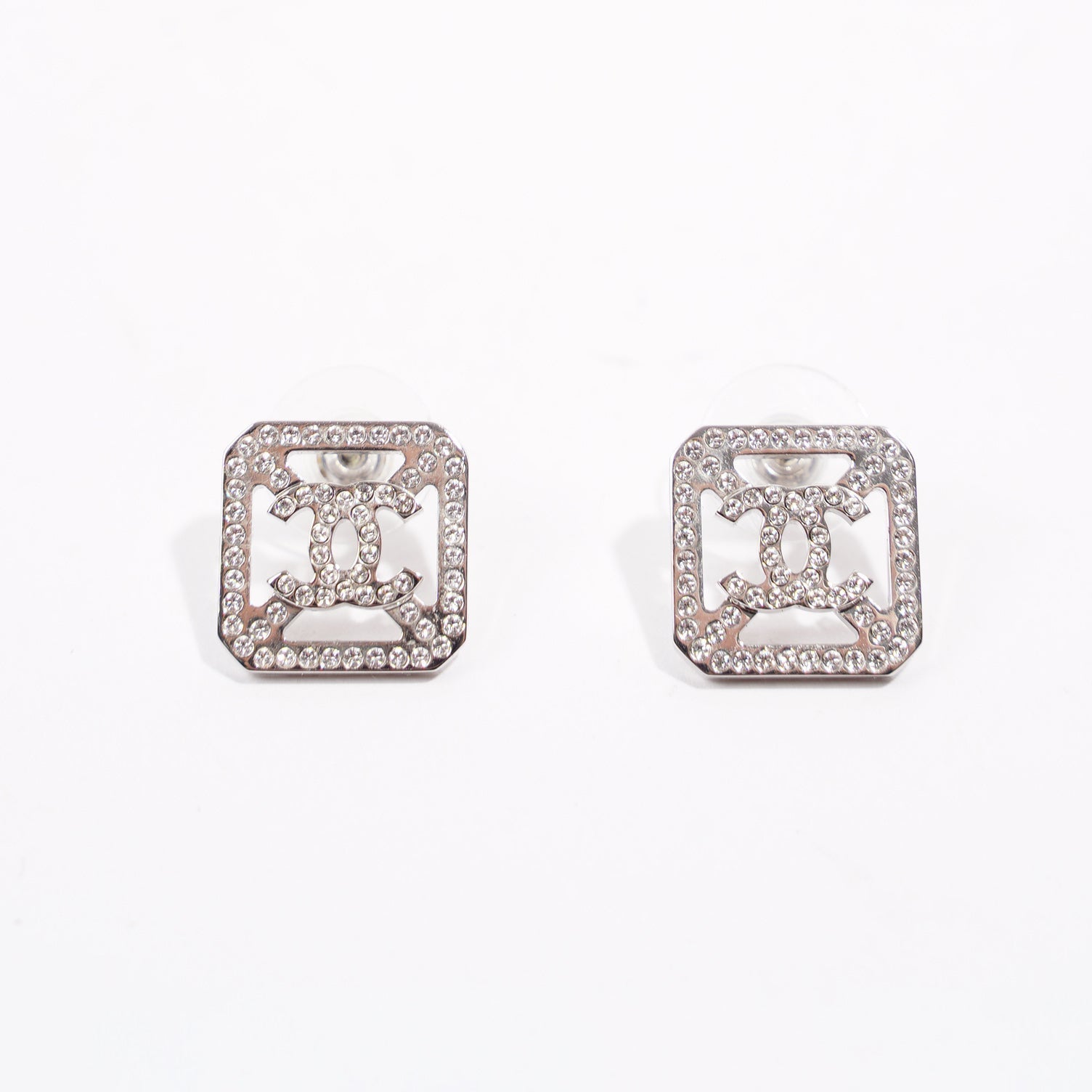 Chanel Womens Square Earrings Silver