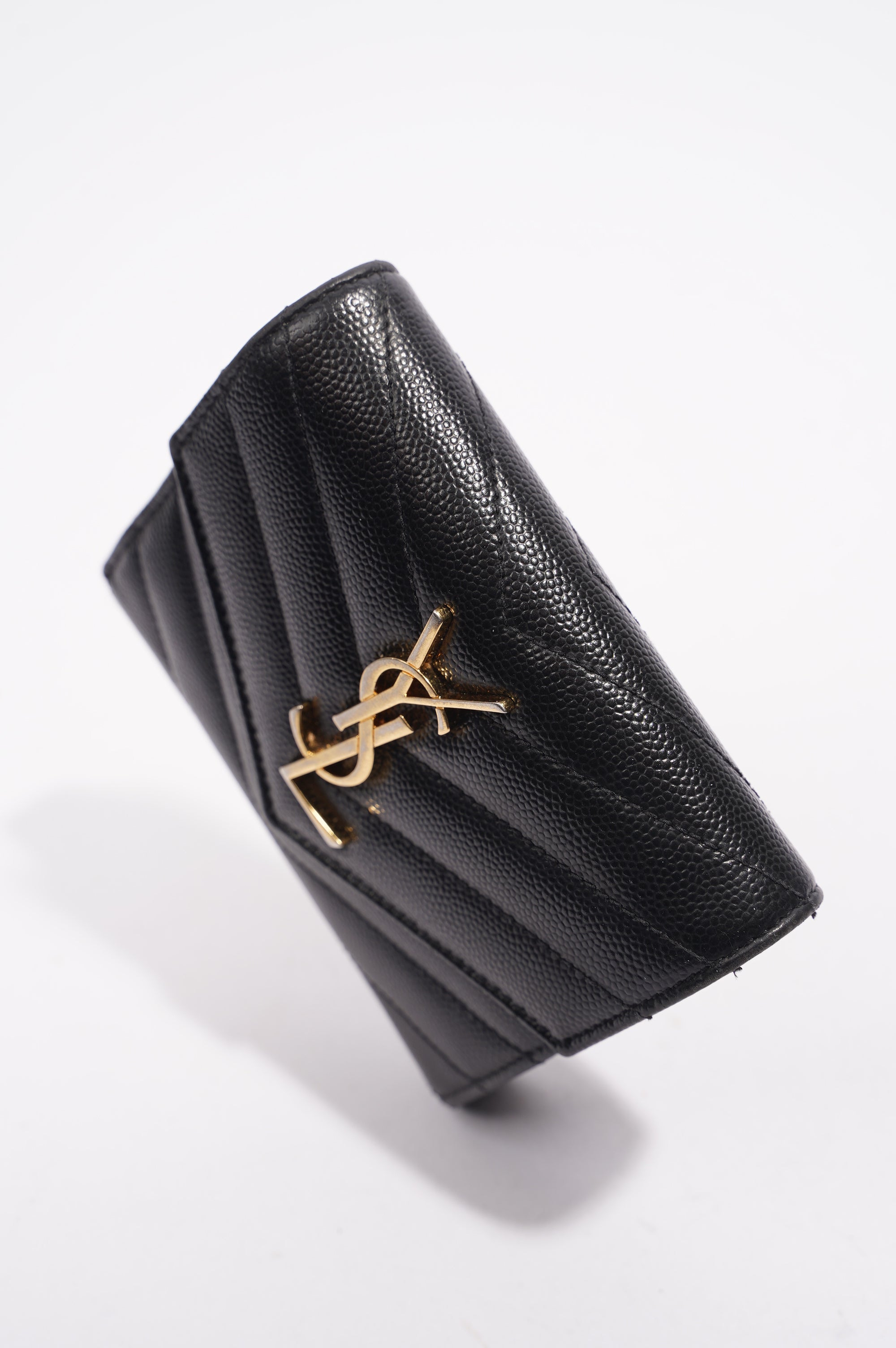 Saint Laurent Womens Compact Tri Fold Cassandre Wallet Black Leather