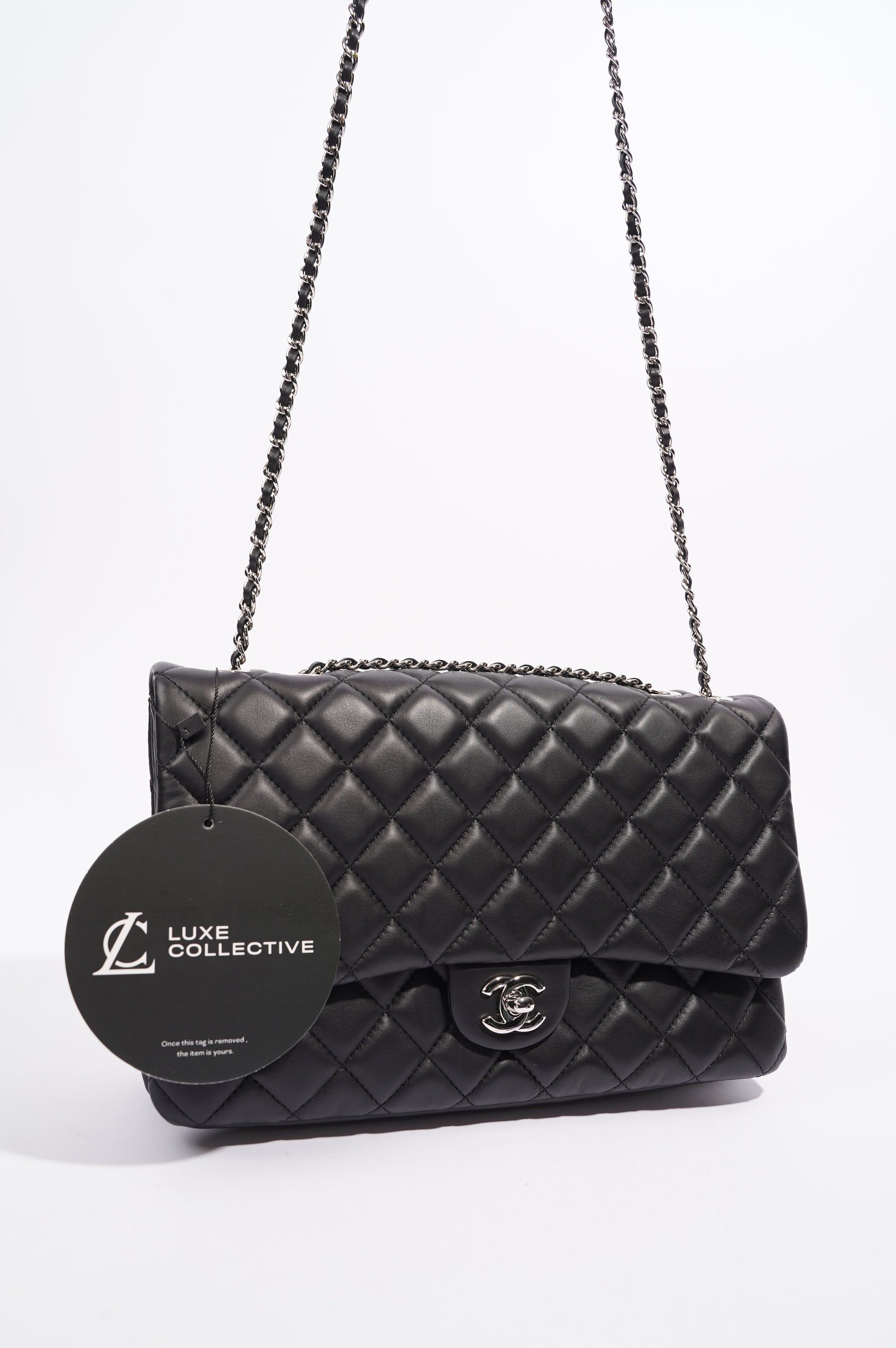 Chanel Womens Lambskin Quilted Flap Bag Black / Silver