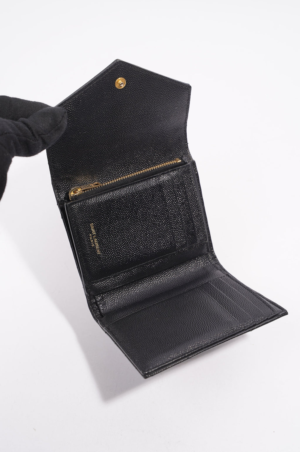 Saint Laurent Womens Compact Tri Fold Cassandre Wallet Black Leather