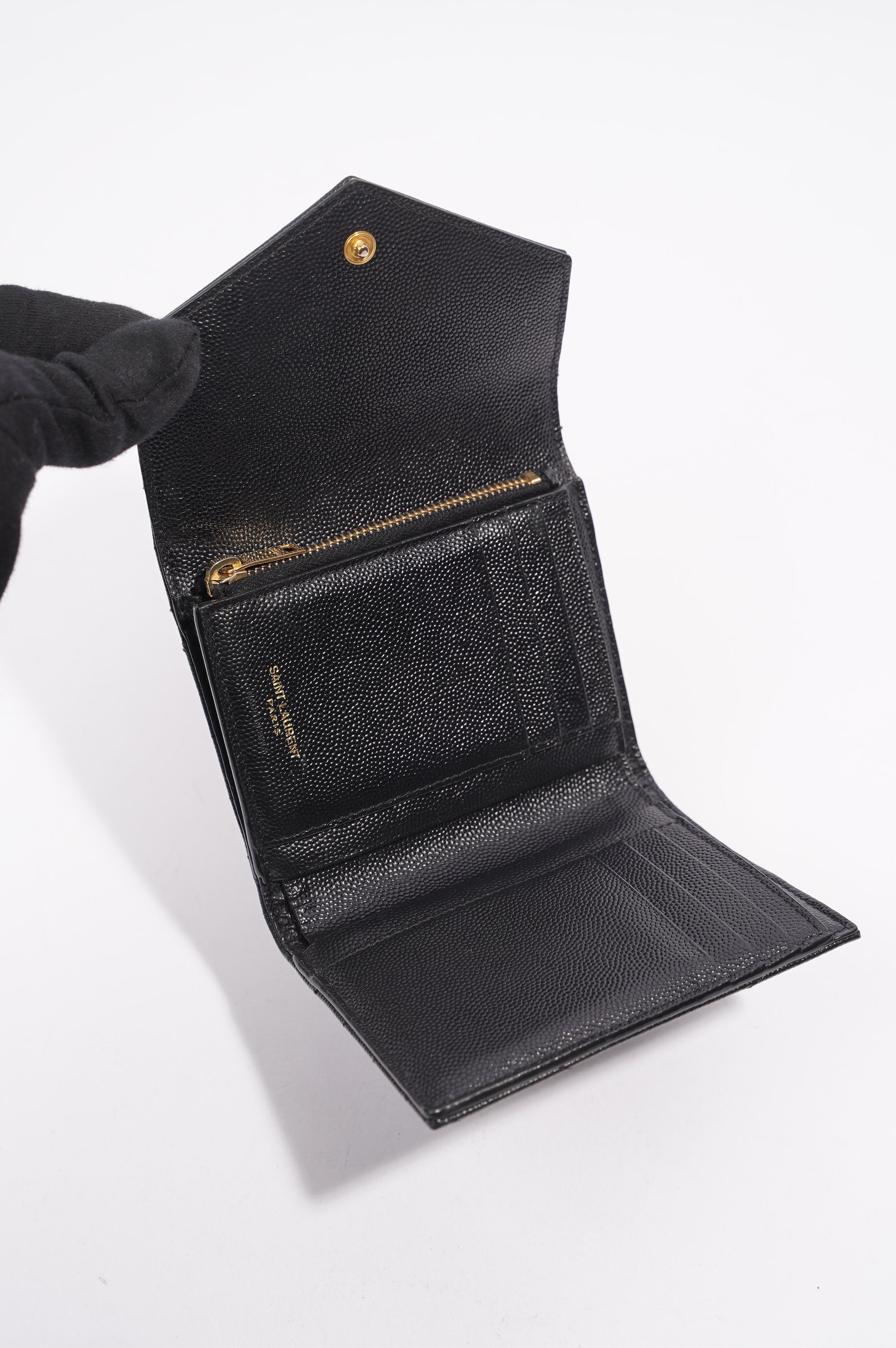 Saint Laurent Womens Compact Tri Fold Cassandre Wallet Black Leather