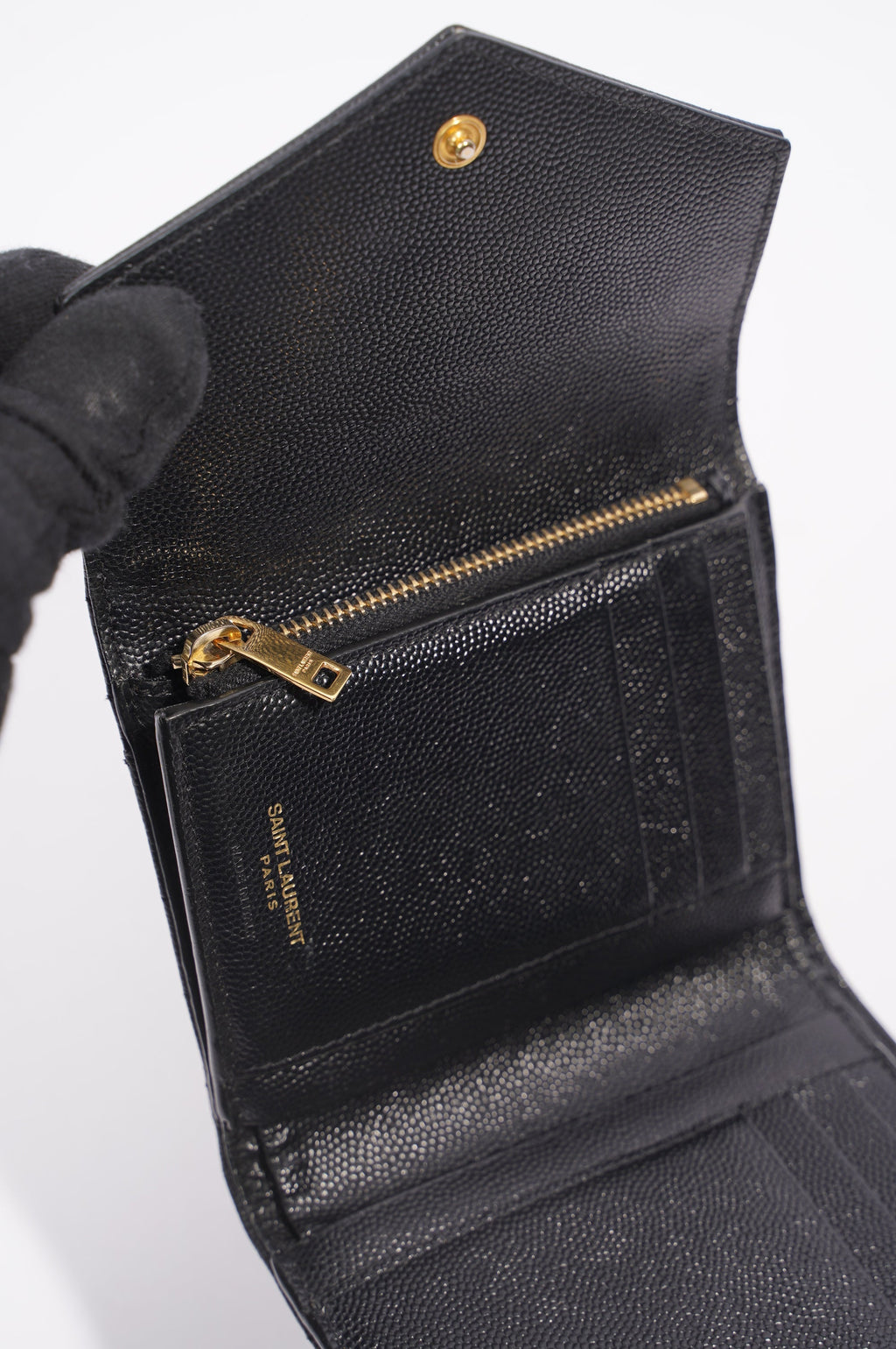 Saint Laurent Womens Compact Tri Fold Cassandre Wallet Black Leather