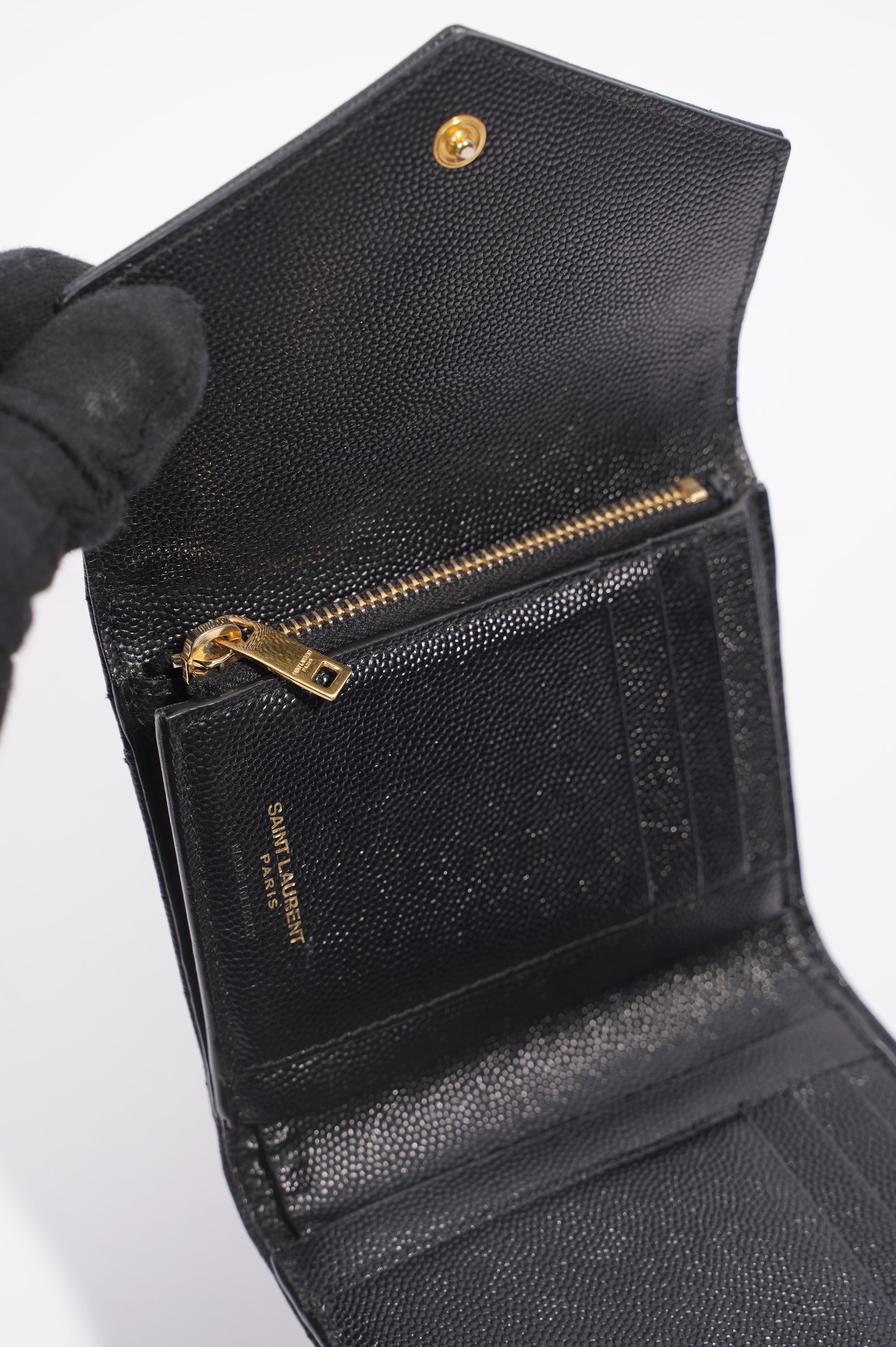 Saint Laurent Womens Compact Tri Fold Cassandre Wallet Black Leather