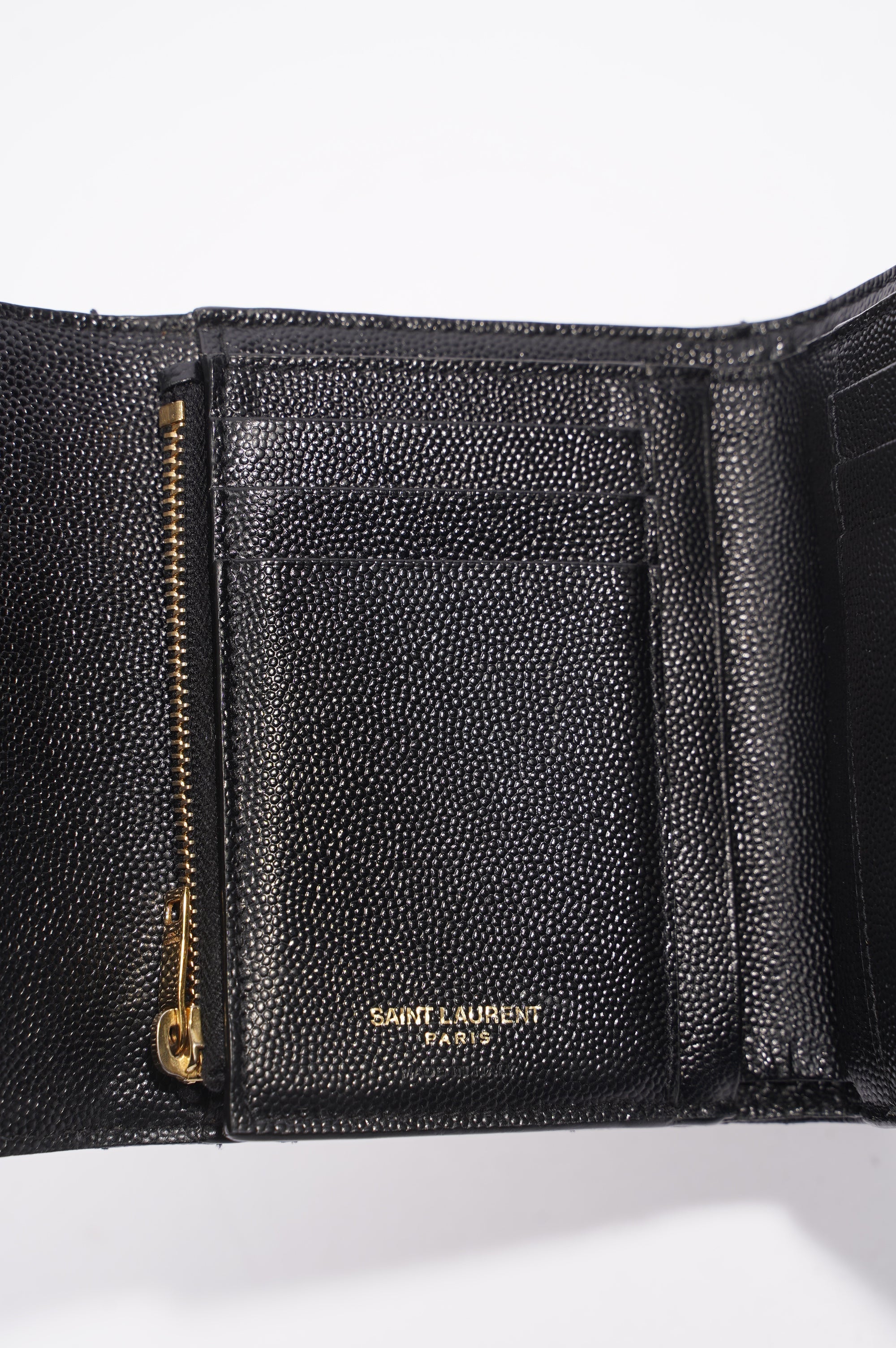Saint Laurent Womens Compact Tri Fold Cassandre Wallet Black Leather