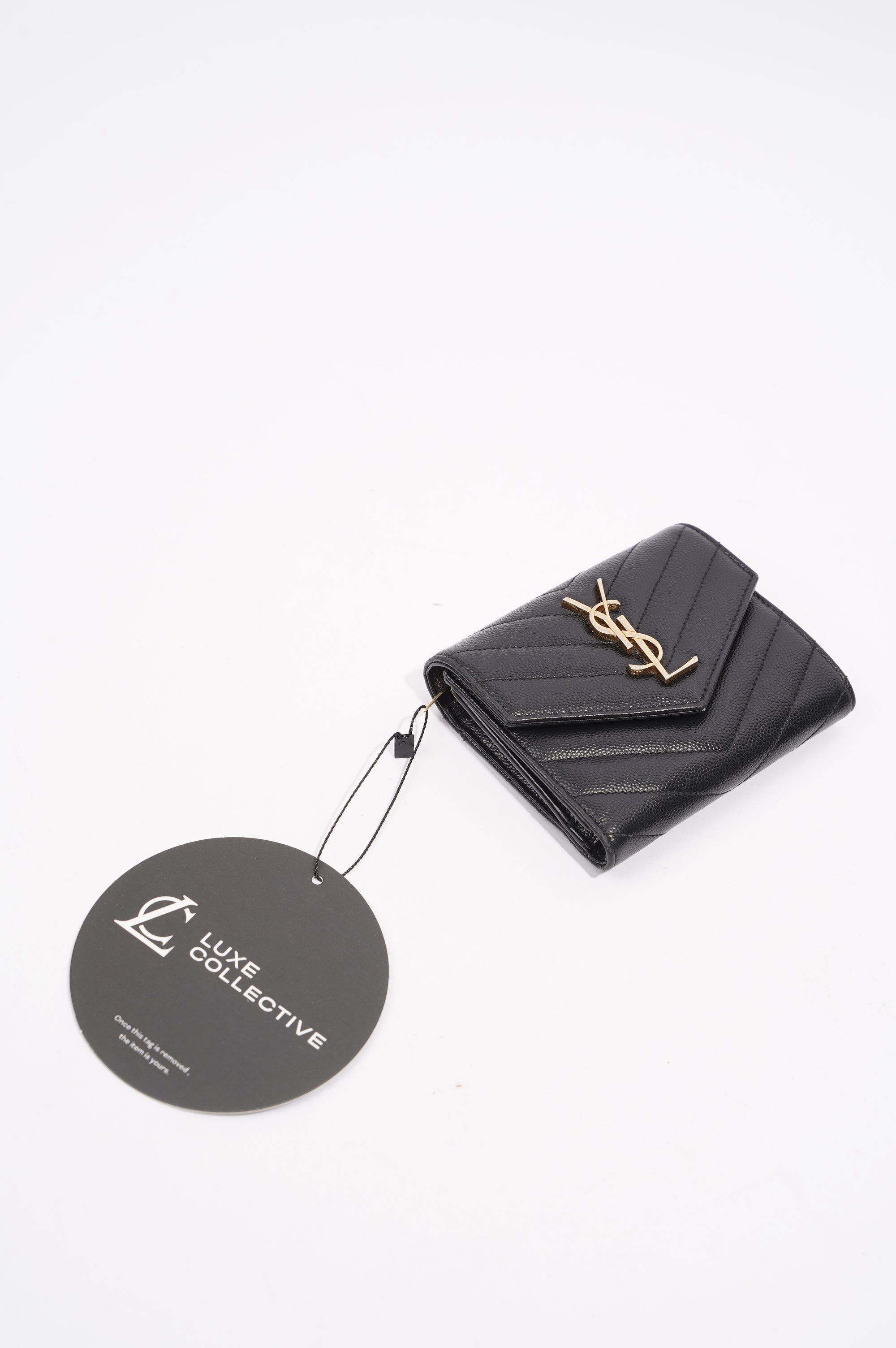 Saint Laurent Womens Compact Tri Fold Cassandre Wallet Black Leather