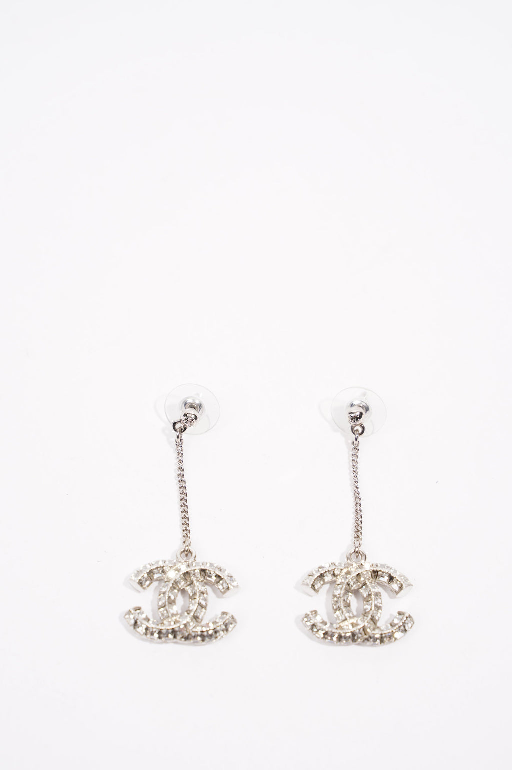 Chanel Womens CC Drop Earrings Silver