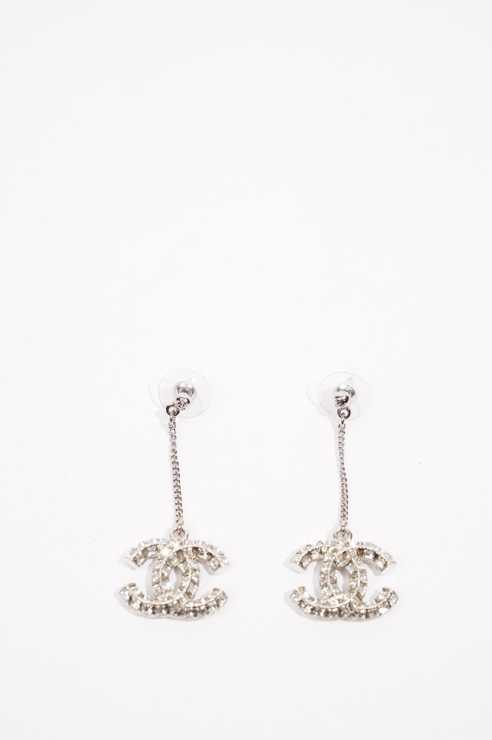 Chanel Womens CC Drop Earrings Silver