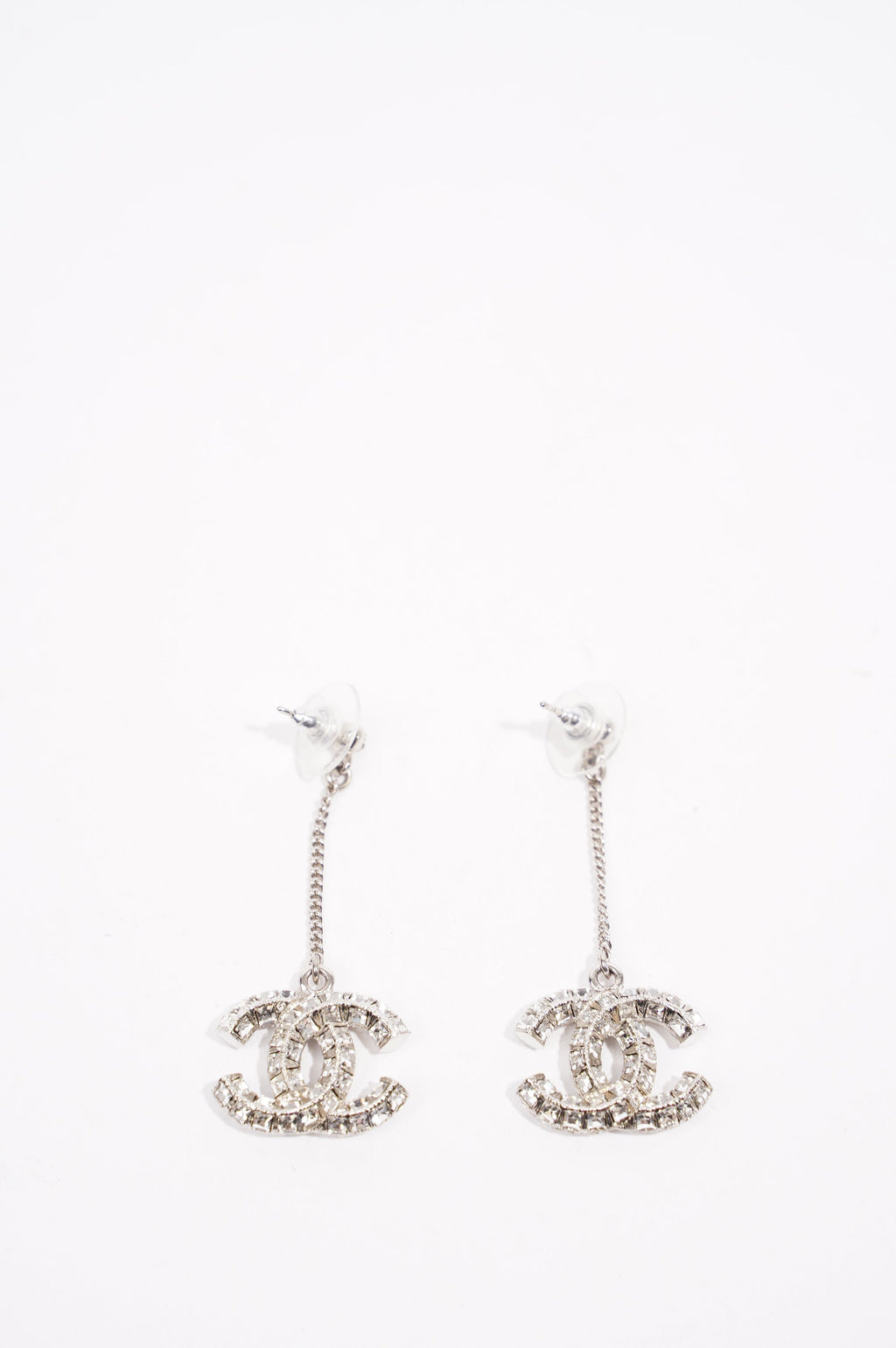 Chanel Womens CC Drop Earrings Silver