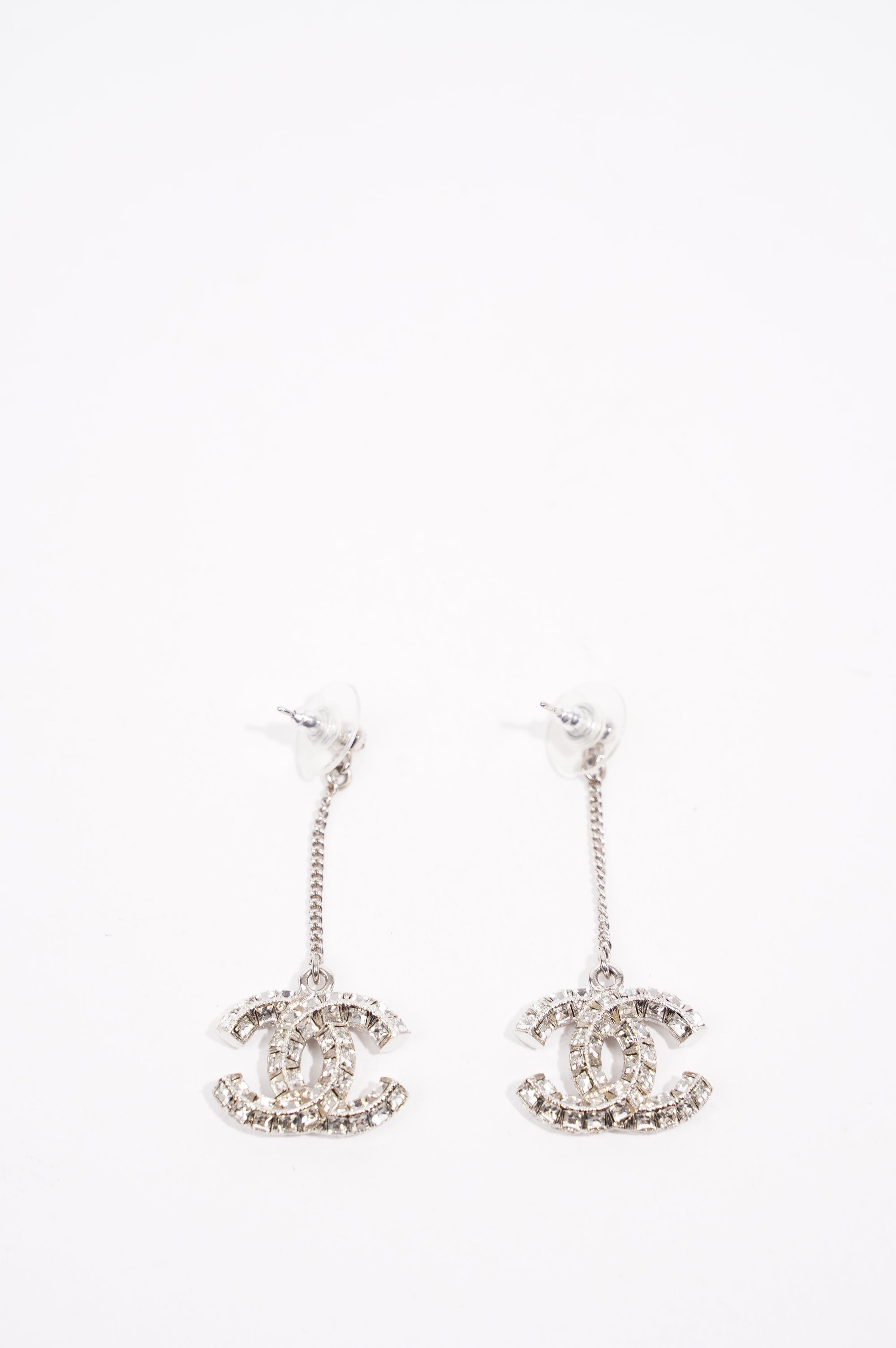 Chanel Womens CC Drop Earrings Silver