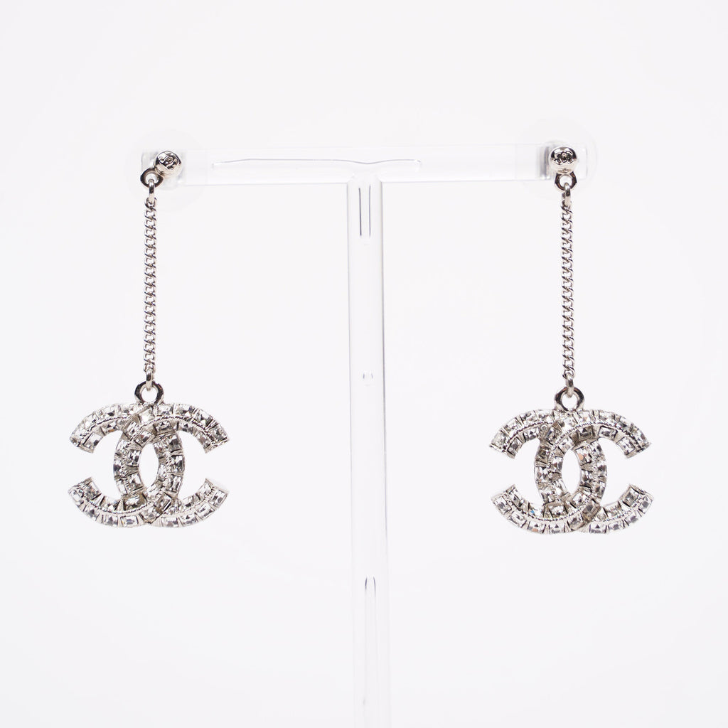 Chanel Womens CC Drop Earrings Silver