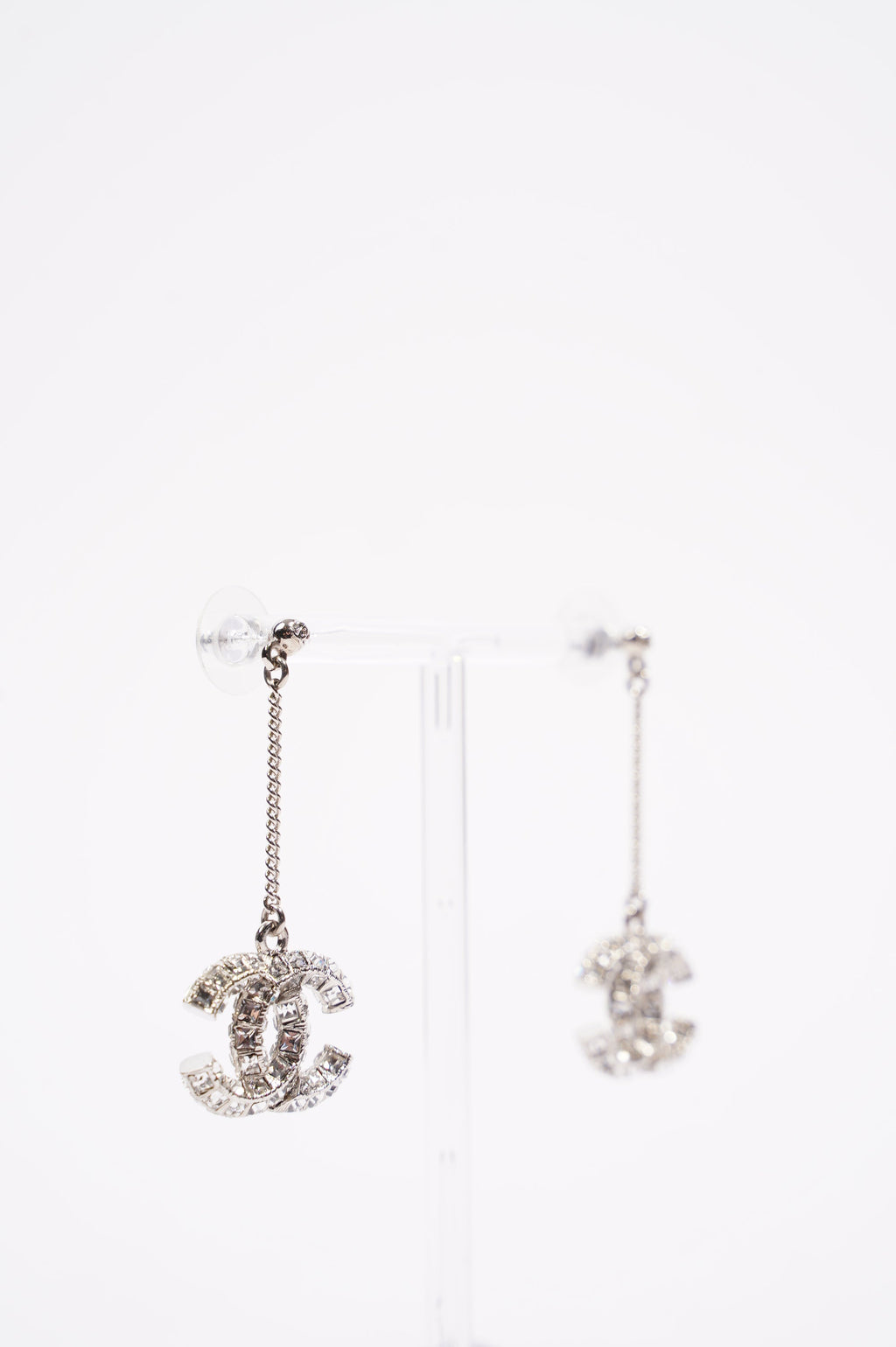 Chanel Womens CC Drop Earrings Silver