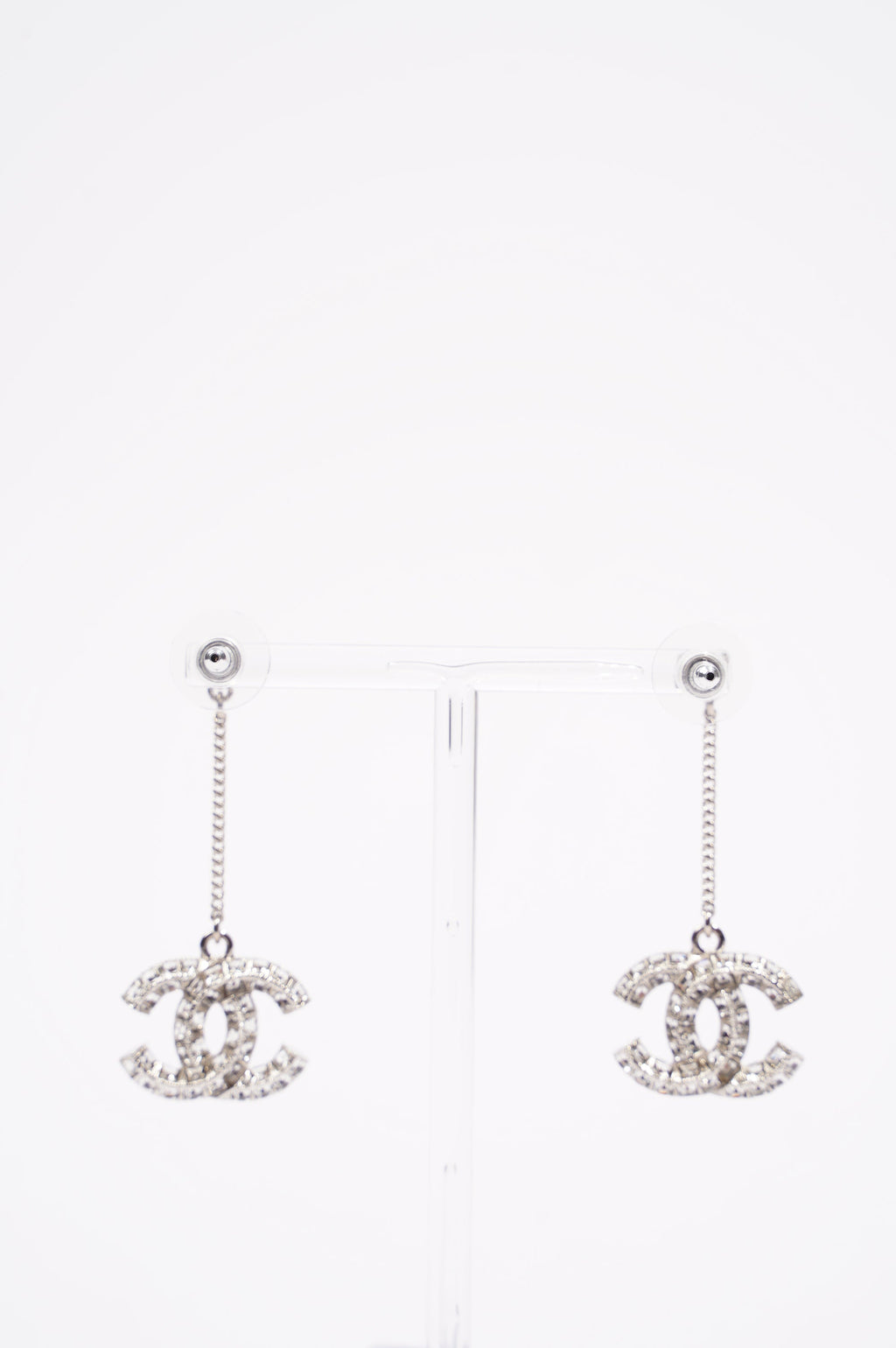 Chanel Womens CC Drop Earrings Silver
