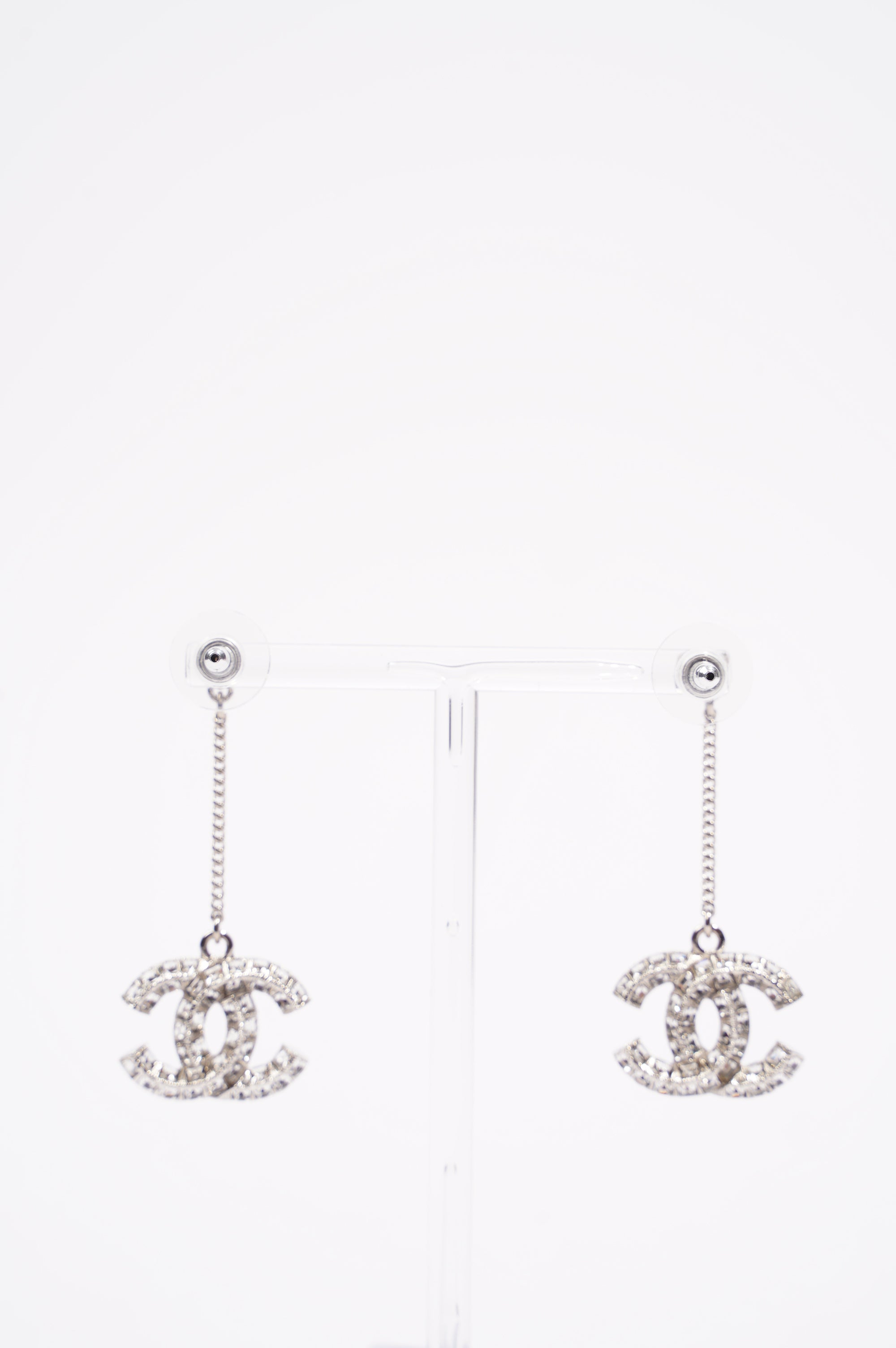 Chanel Womens CC Drop Earrings Silver