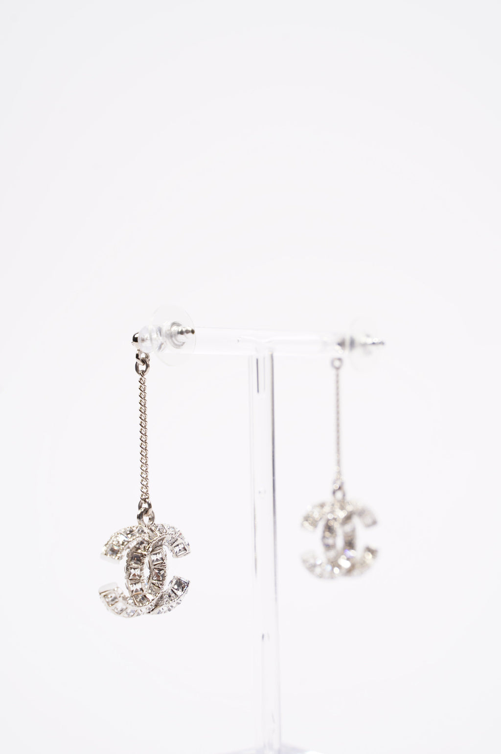 Chanel Womens CC Drop Earrings Silver