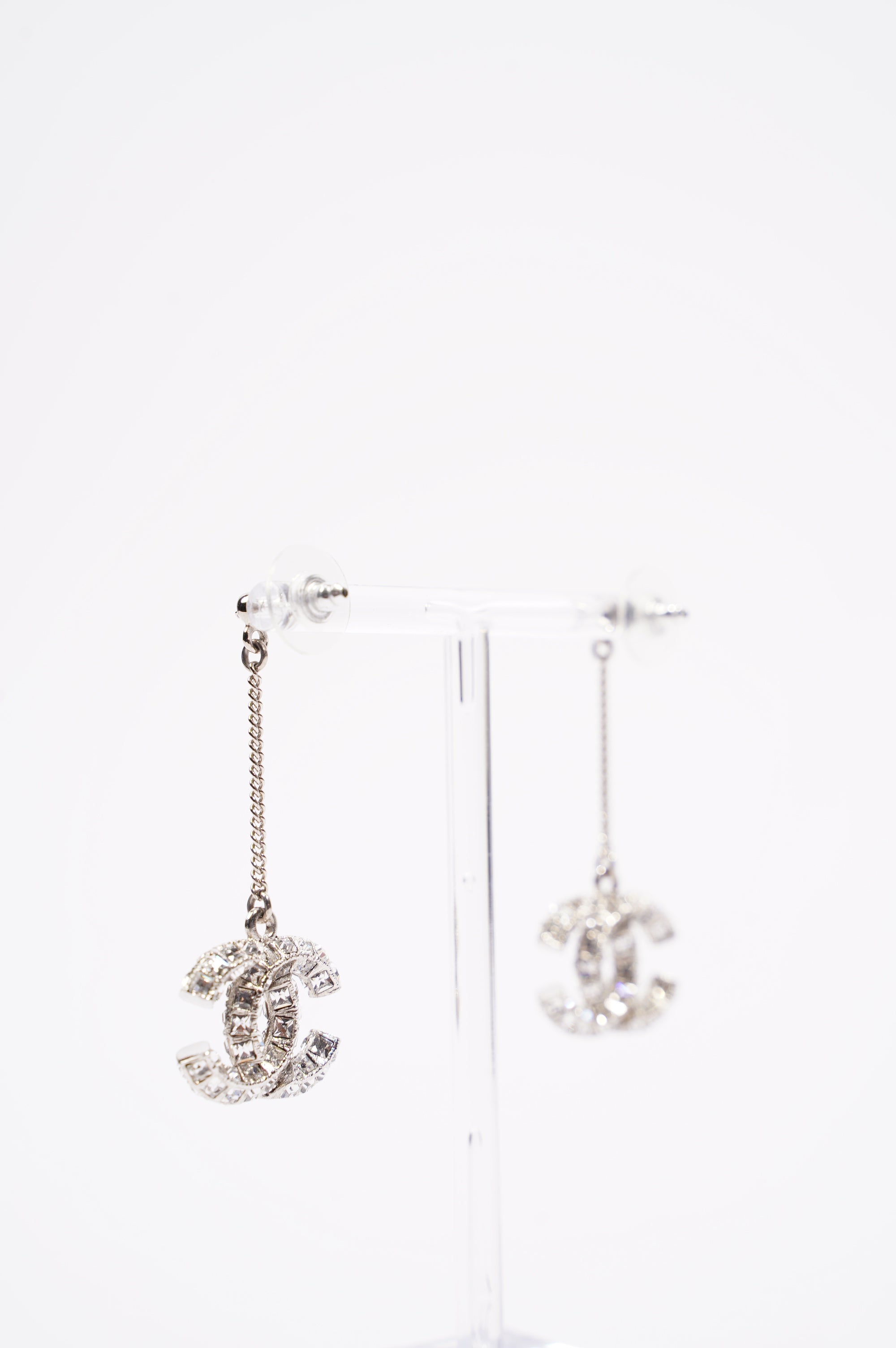 Chanel Womens CC Drop Earrings Silver