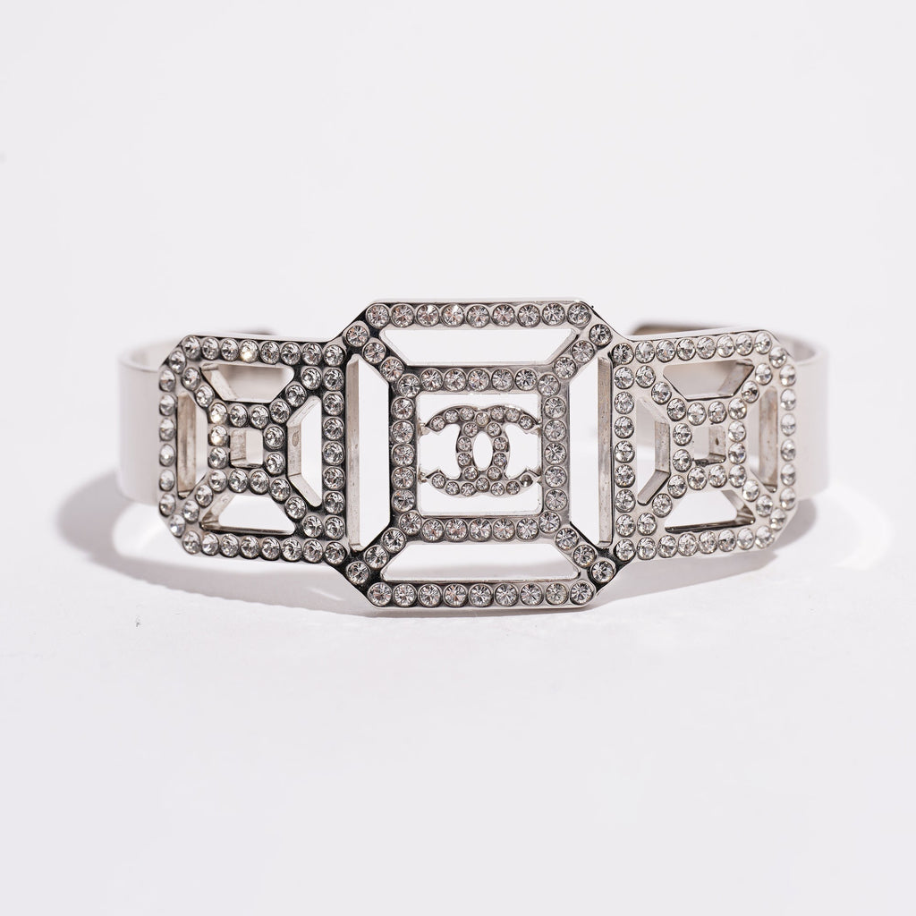 Chanel Womens Crystal Embellished Bracelet Silver