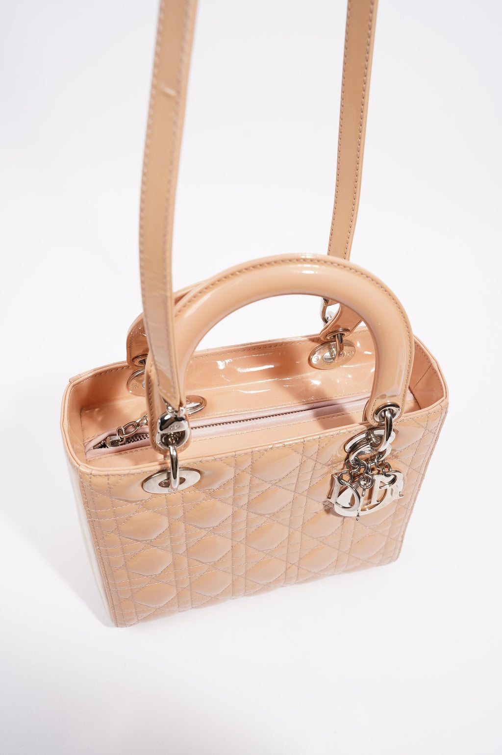 Christian Dior Womens Lady Dior Bag Nude Patent Leather Medium