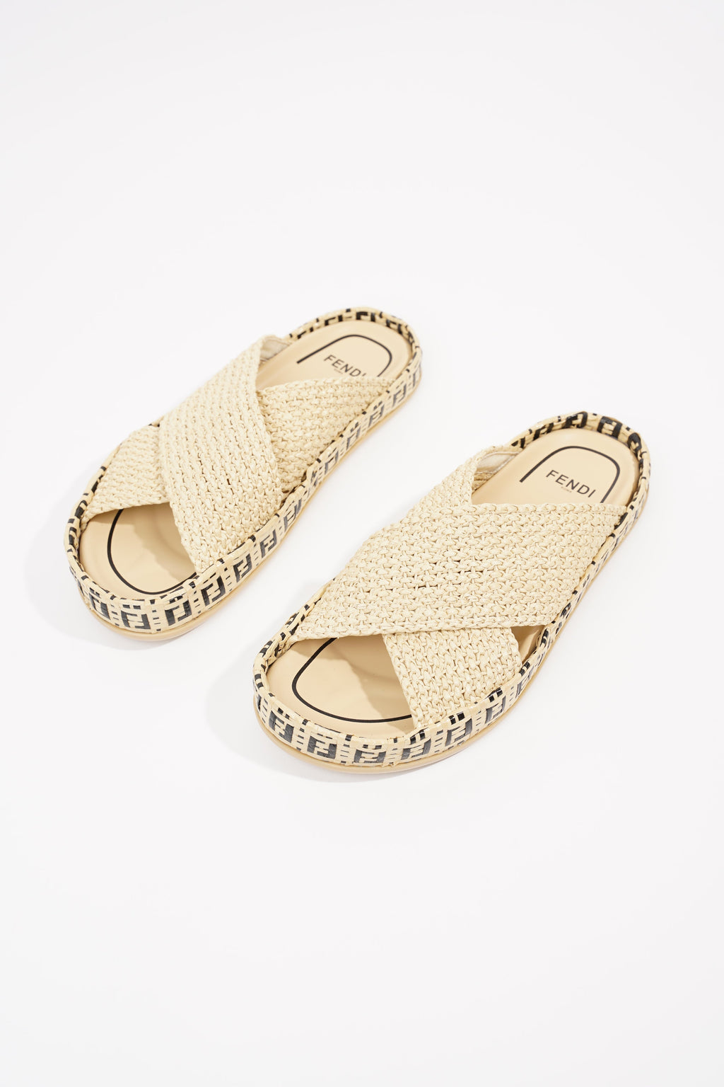 Fendi Womens Raffia Slides Beige EU 38 / UK 5