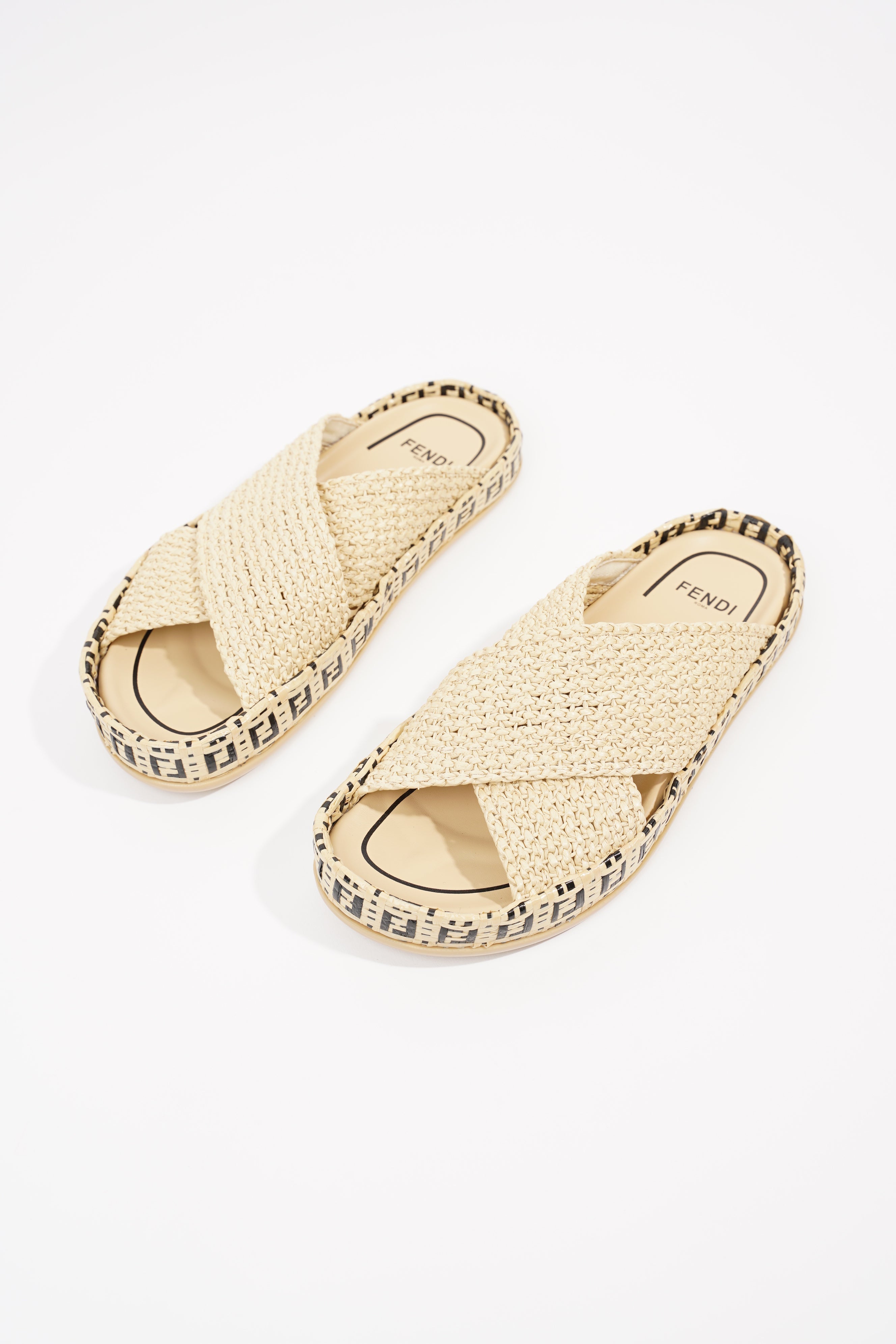 Fendi Womens Raffia Slides Beige EU 38 / UK 5