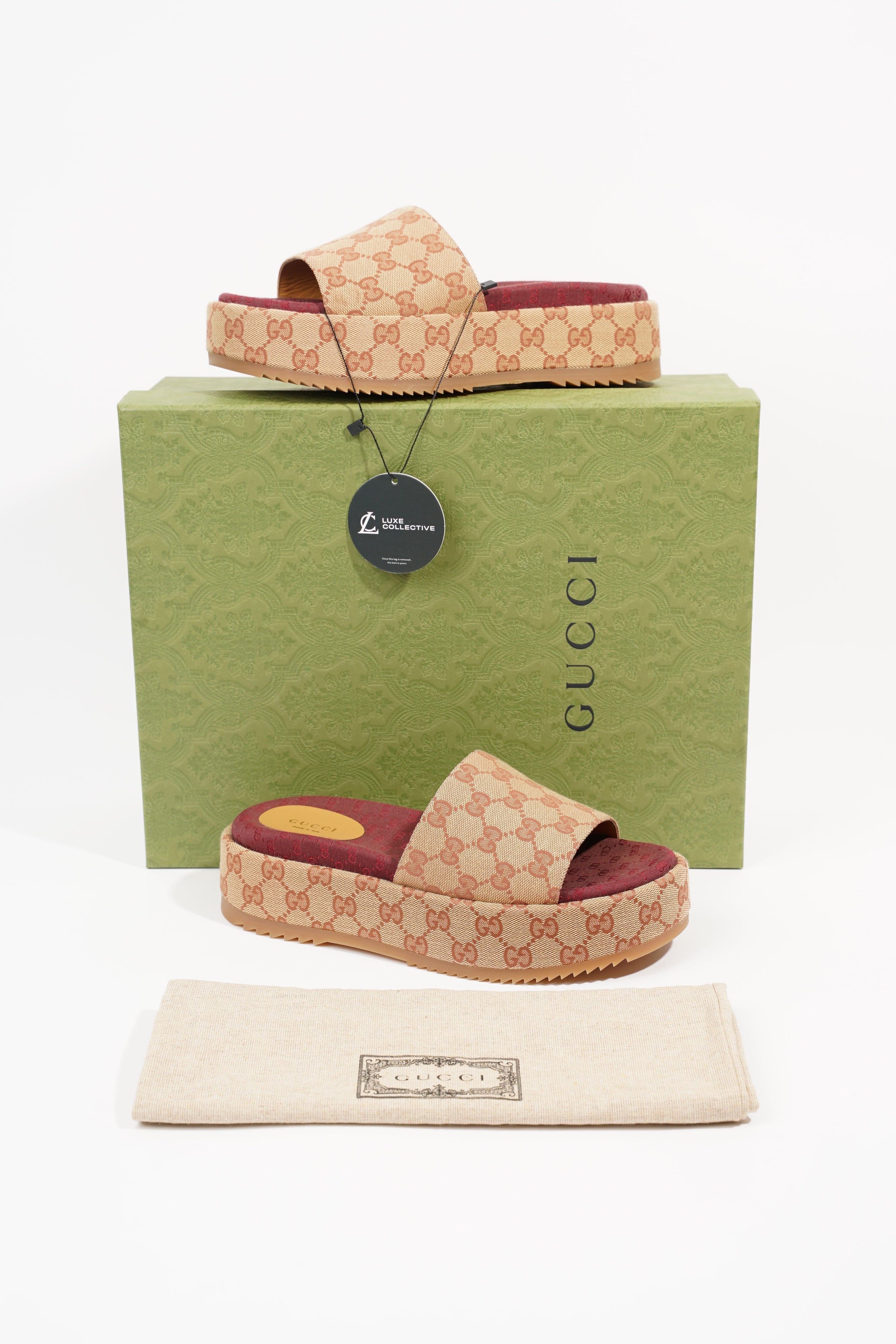 Gucci Womens Original GG Slide Sandal Beige / Brick Red EU 39.5 / UK 6.5