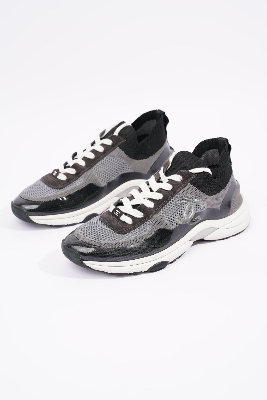 Chanel Womens CC Logo Knit Sneakers Black / Grey EU 40.5 / UK 7.5