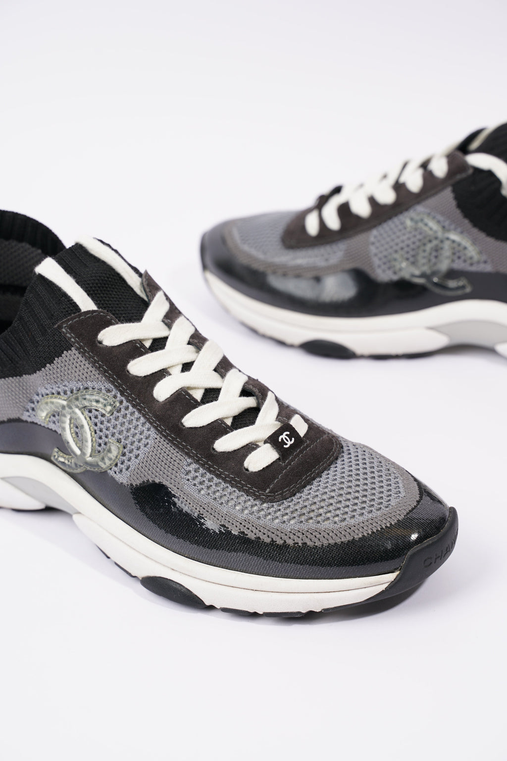 Chanel Womens CC Logo Knit Sneakers Black / Grey EU 40.5 / UK 7.5