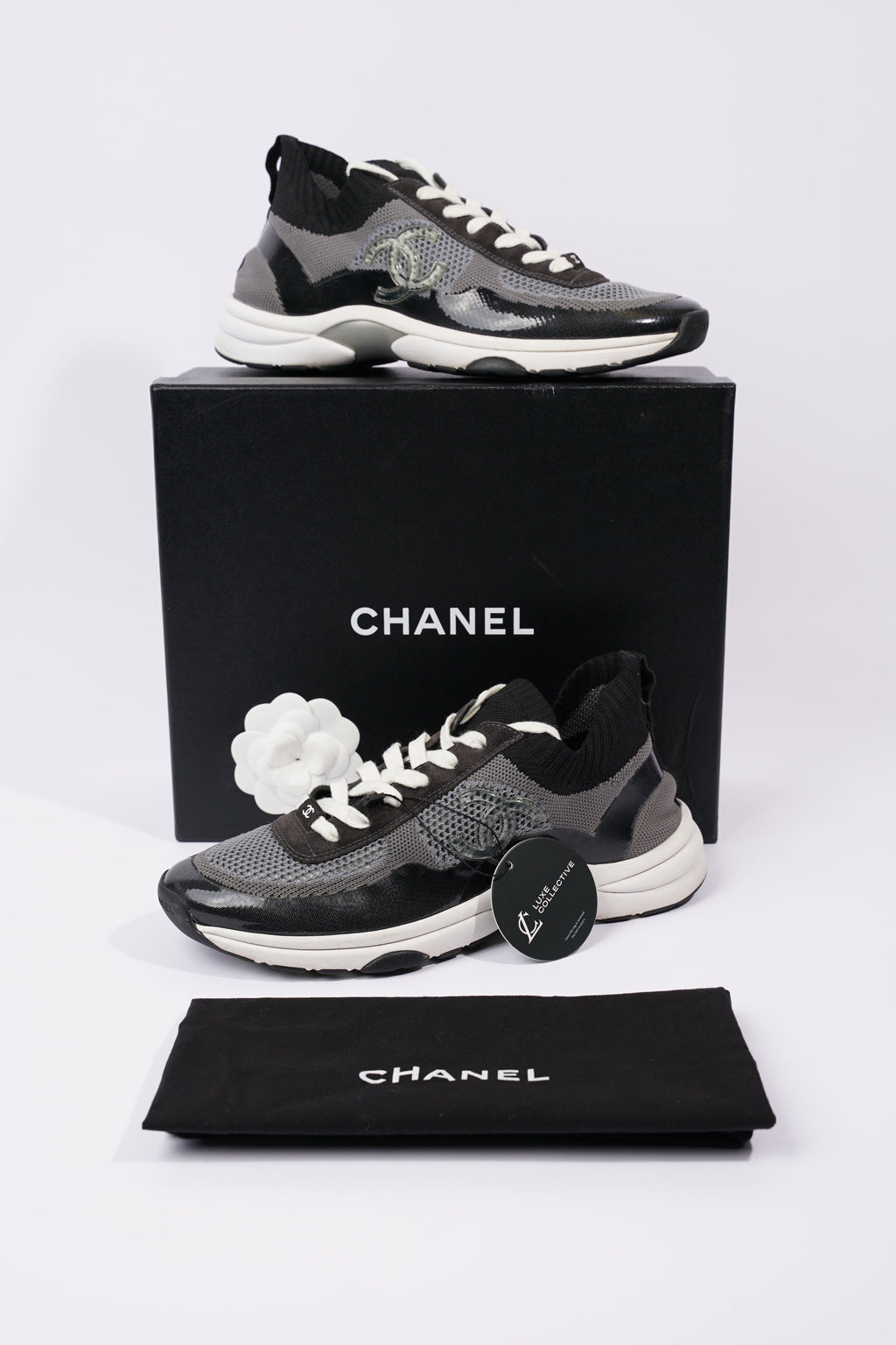 Chanel Womens CC Logo Knit Sneakers Black / Grey EU 40.5 / UK 7.5