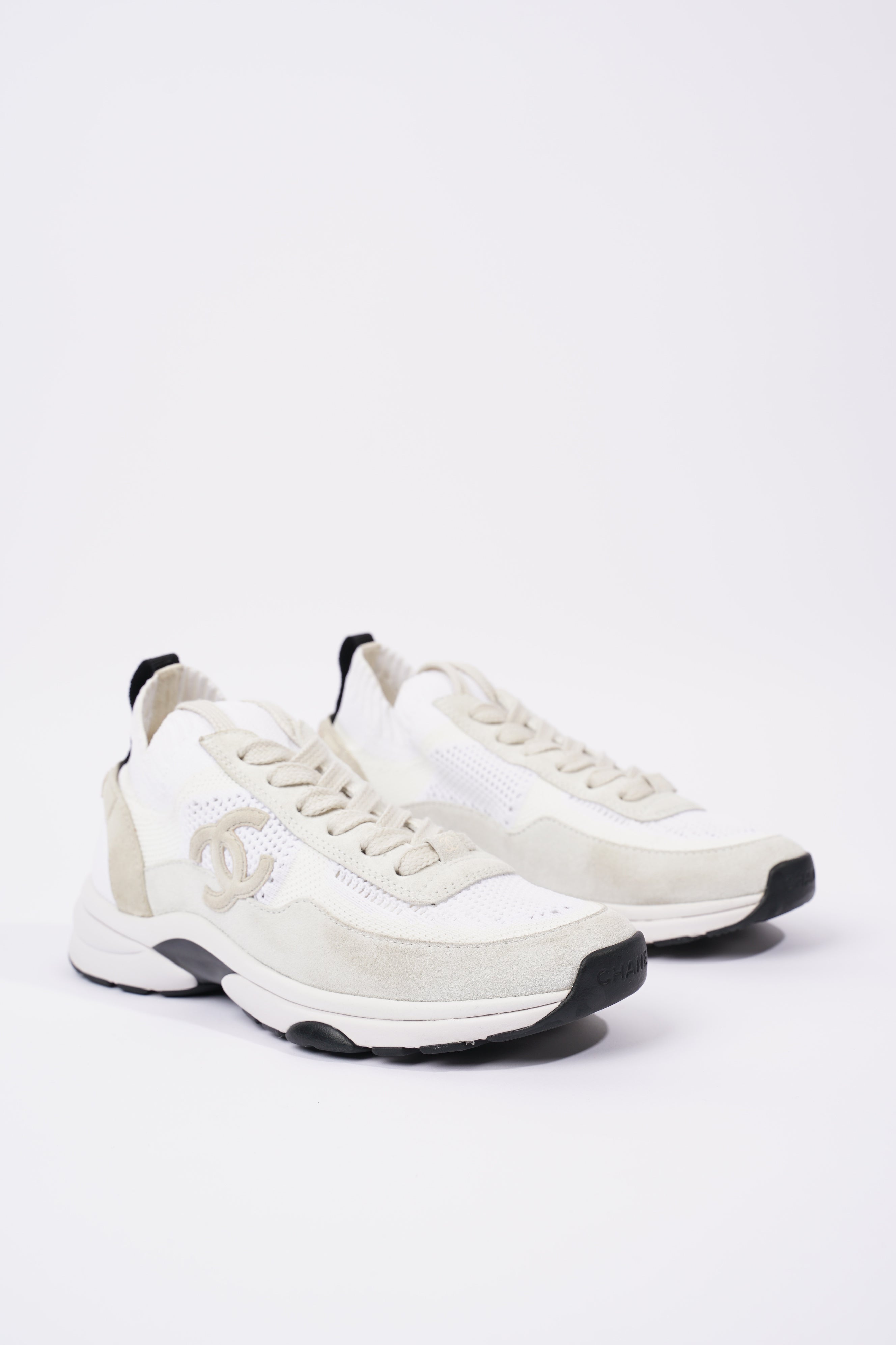 Chanel Womens CC Logo Knit Sneakers White EU 36.5 / UK 3.5
