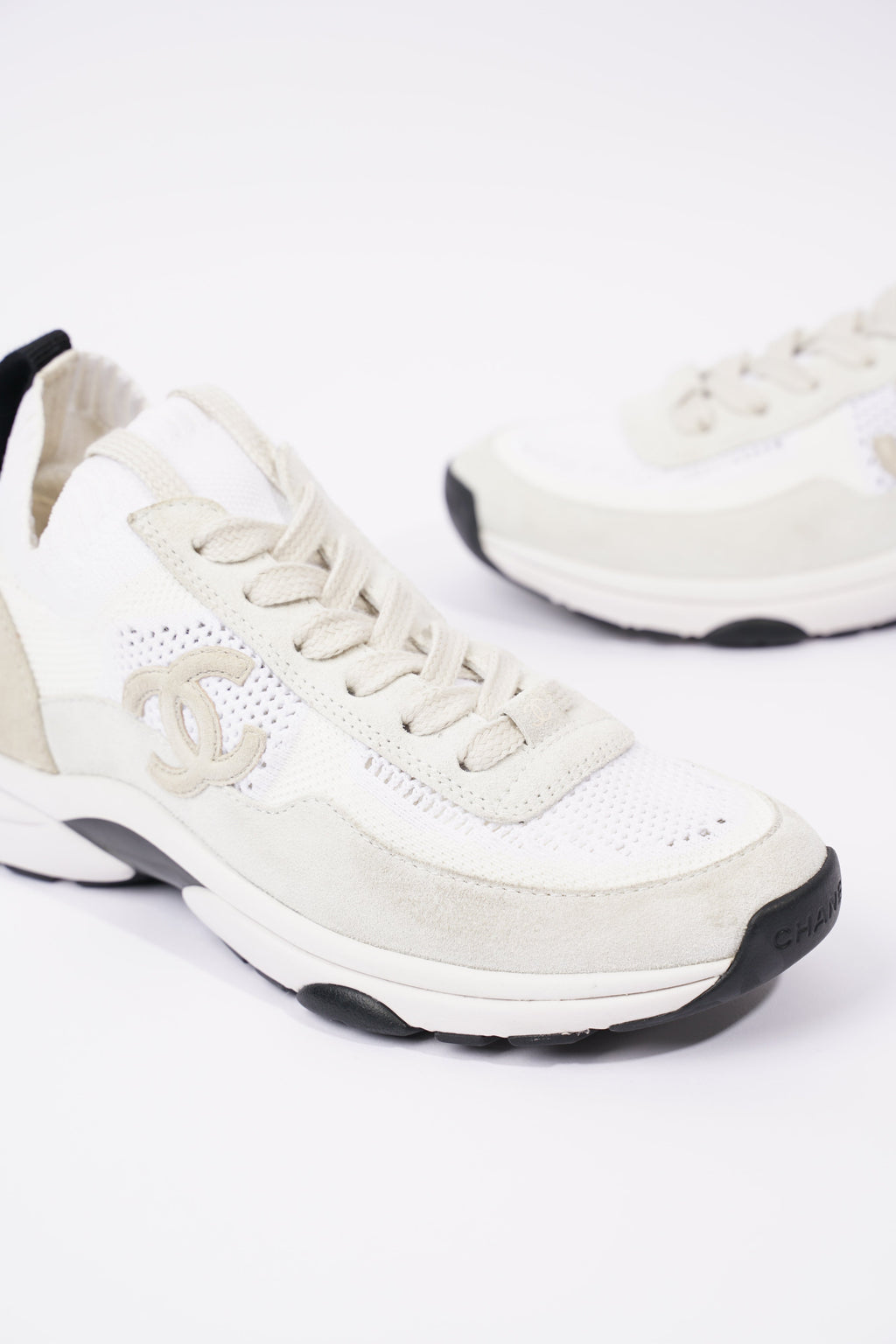 Chanel Womens CC Logo Knit Sneakers White EU 36.5 / UK 3.5