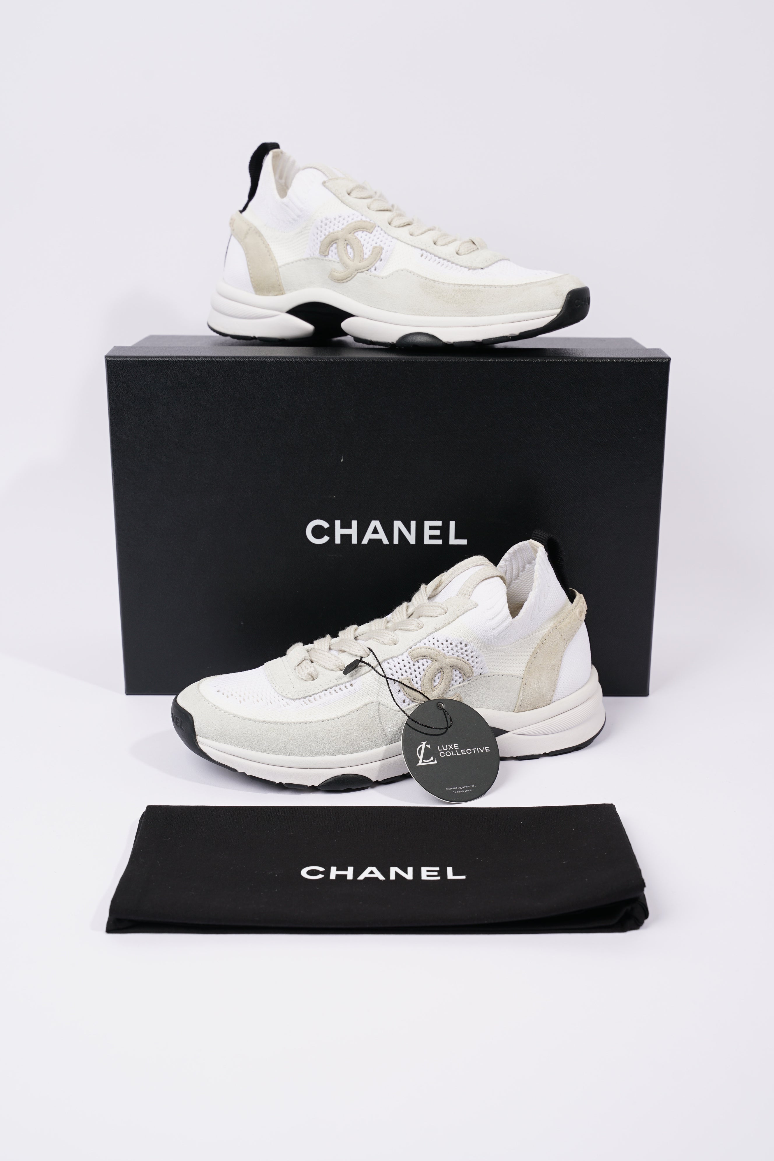 Chanel Womens CC Logo Knit Sneakers White EU 36.5 / UK 3.5