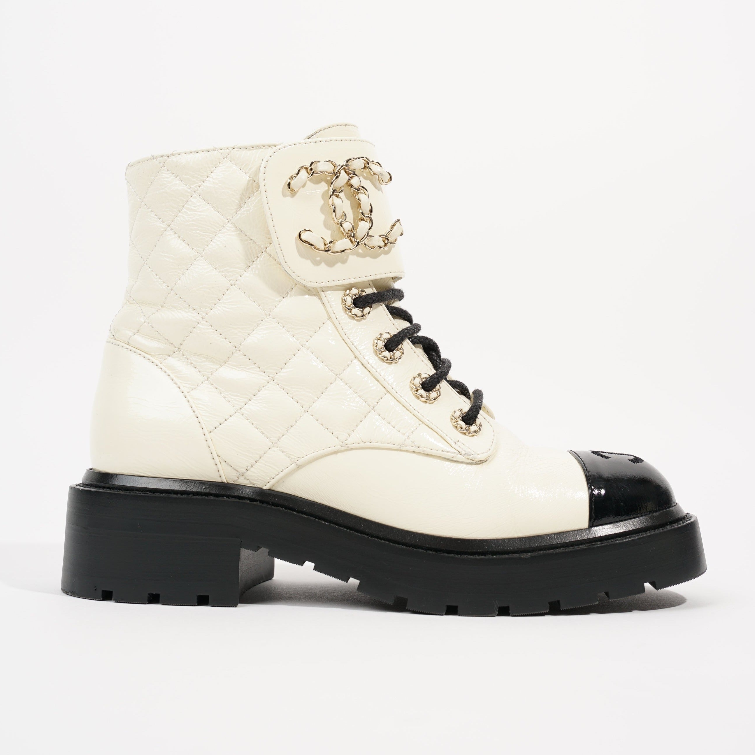 Chanel Womens CC Lace Up Boots White Black EU 35.5 / UK 2.5