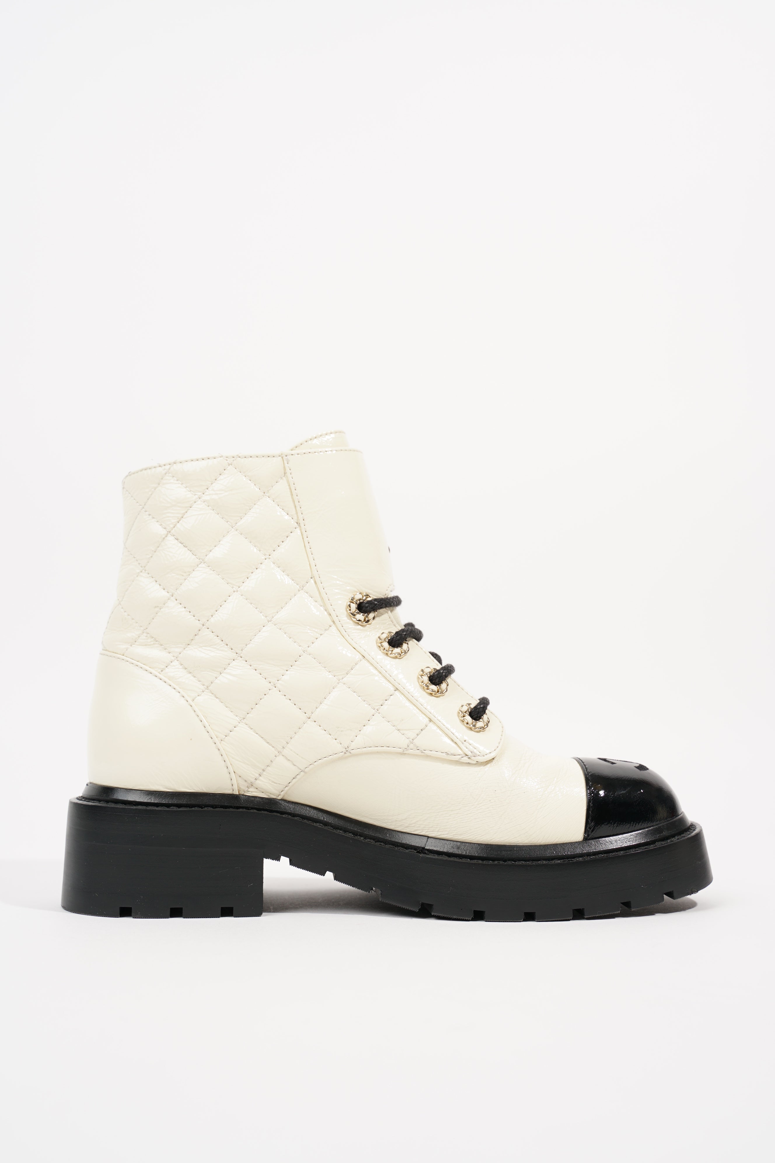 Chanel Womens CC Lace Up Boots White Black EU 35.5 / UK 2.5