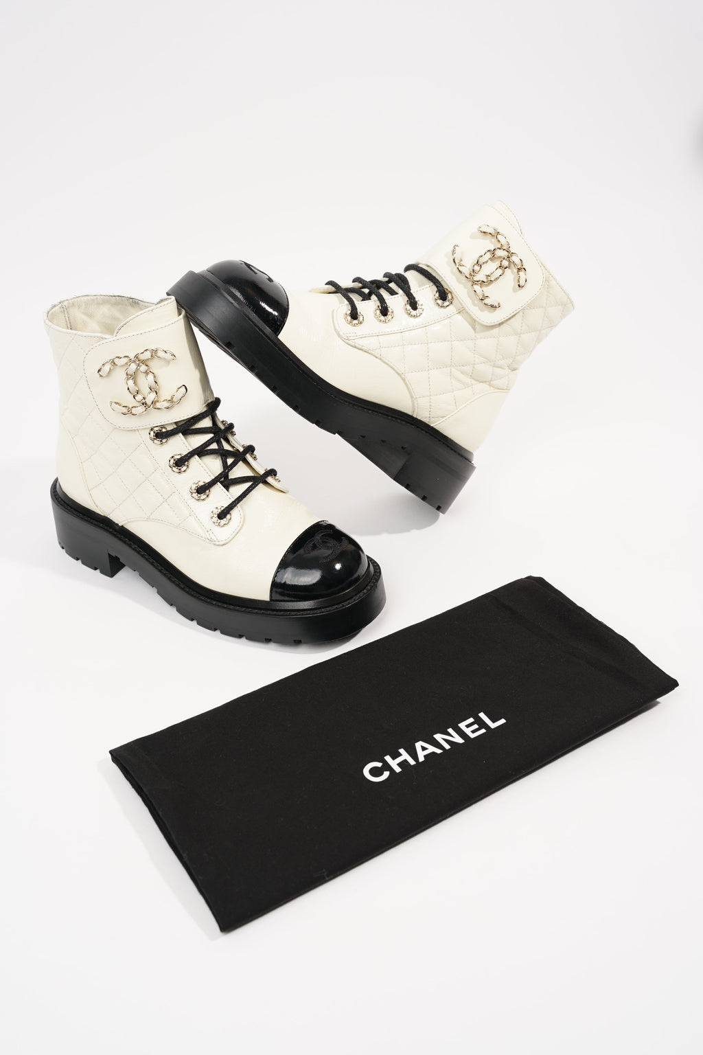 Chanel Womens CC Lace Up Boots White Black EU 35.5 / UK 2.5