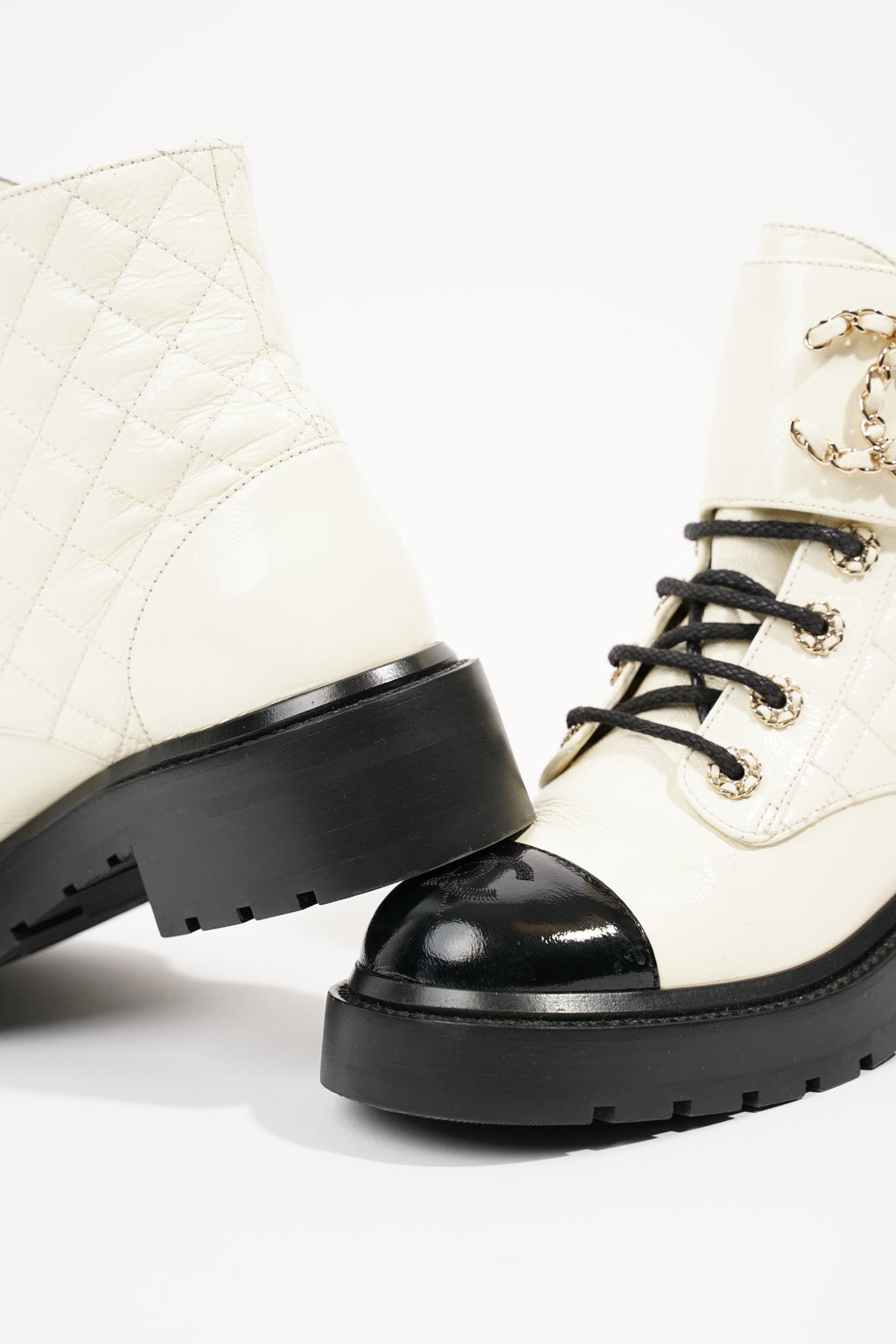Chanel Womens CC Lace Up Boots White Black EU 35.5 / UK 2.5