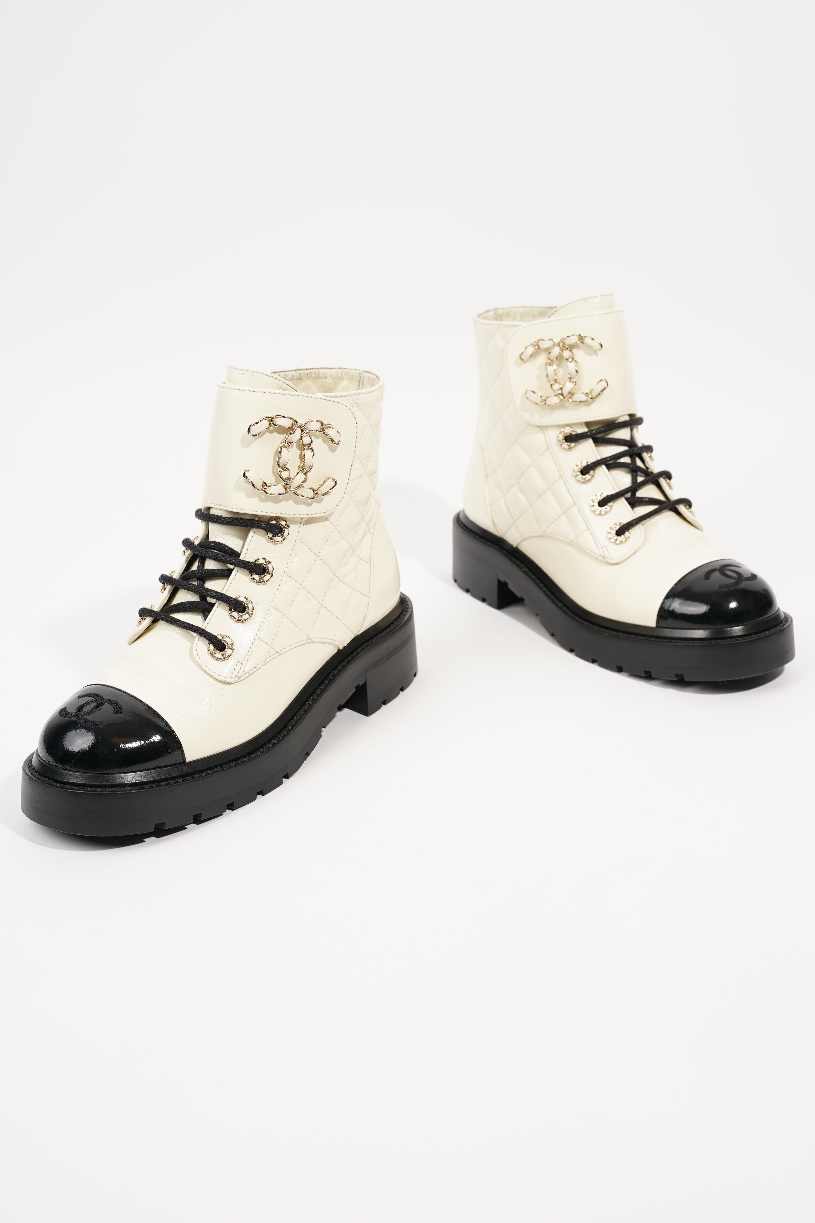 Chanel Womens CC Lace Up Boots White Black EU 35.5 / UK 2.5