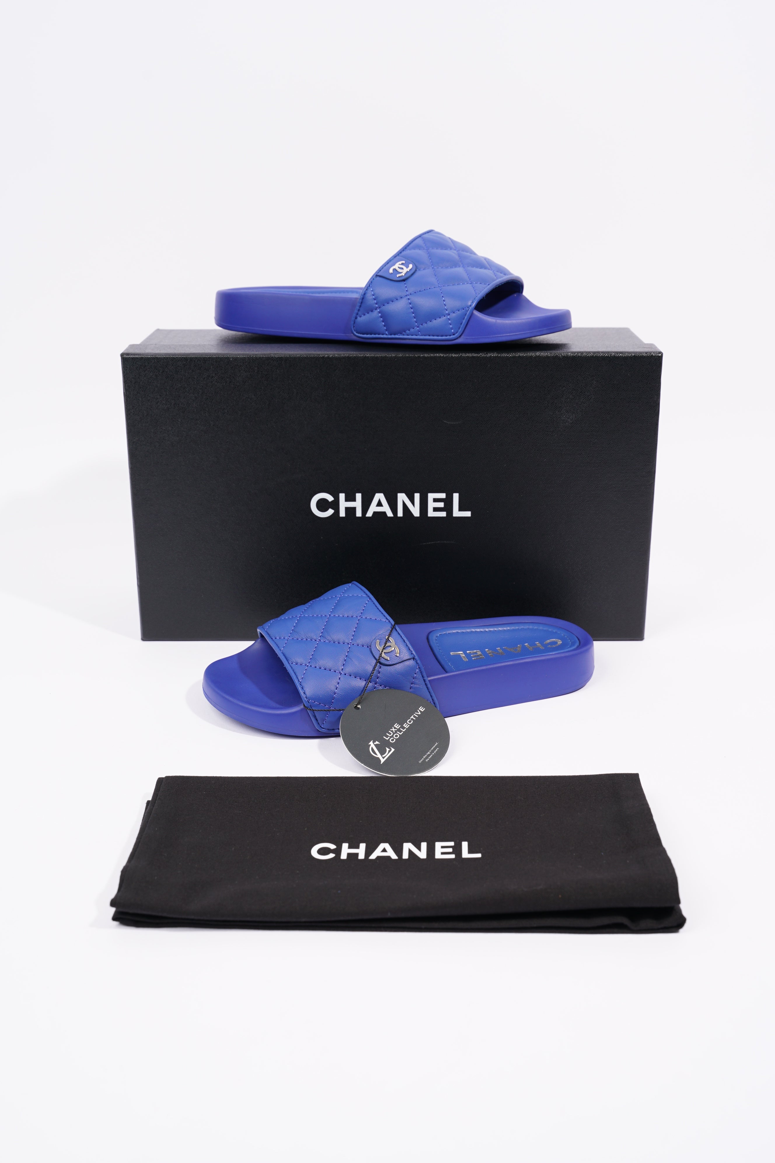 Chanel Womens Quilted Leather CC Slide Blue EU 35 / UK 2