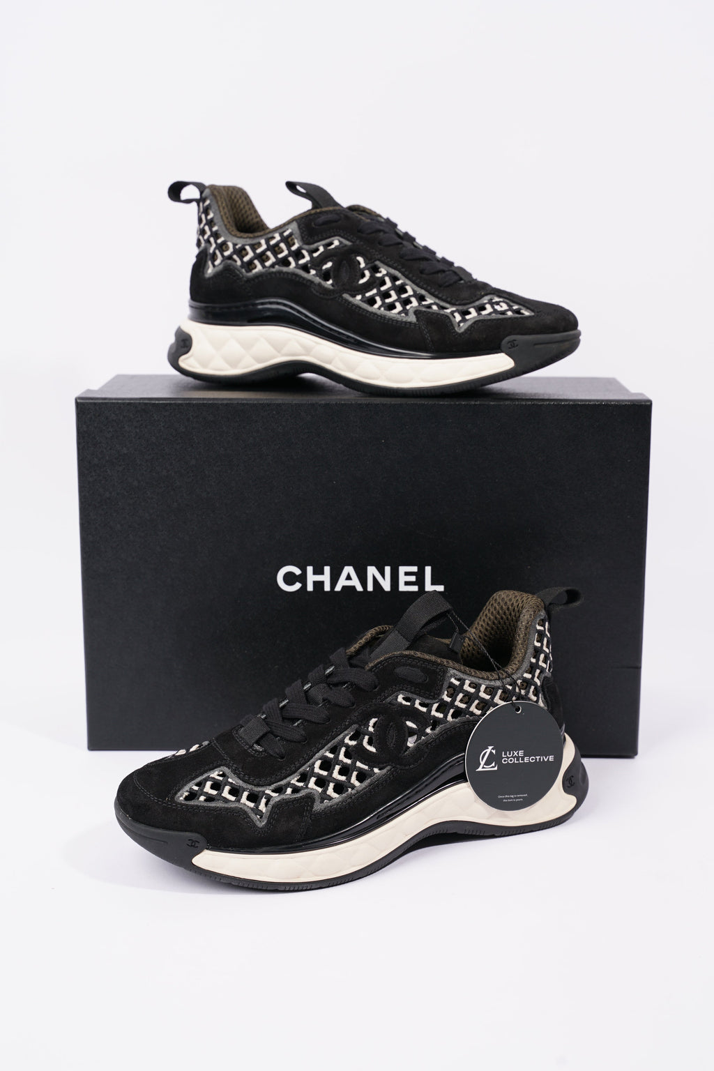 Chanel Womens CC Tweed Sneaker Black / White EU 37 / UK 4
