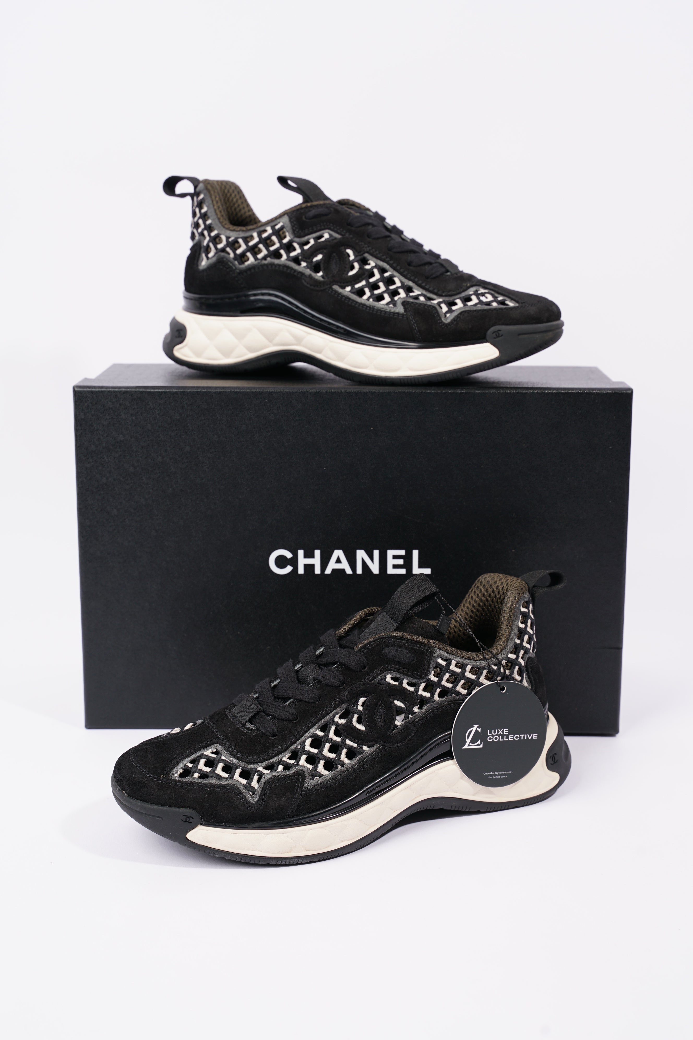 Chanel Womens CC Tweed Sneaker Black / White EU 37 / UK 4
