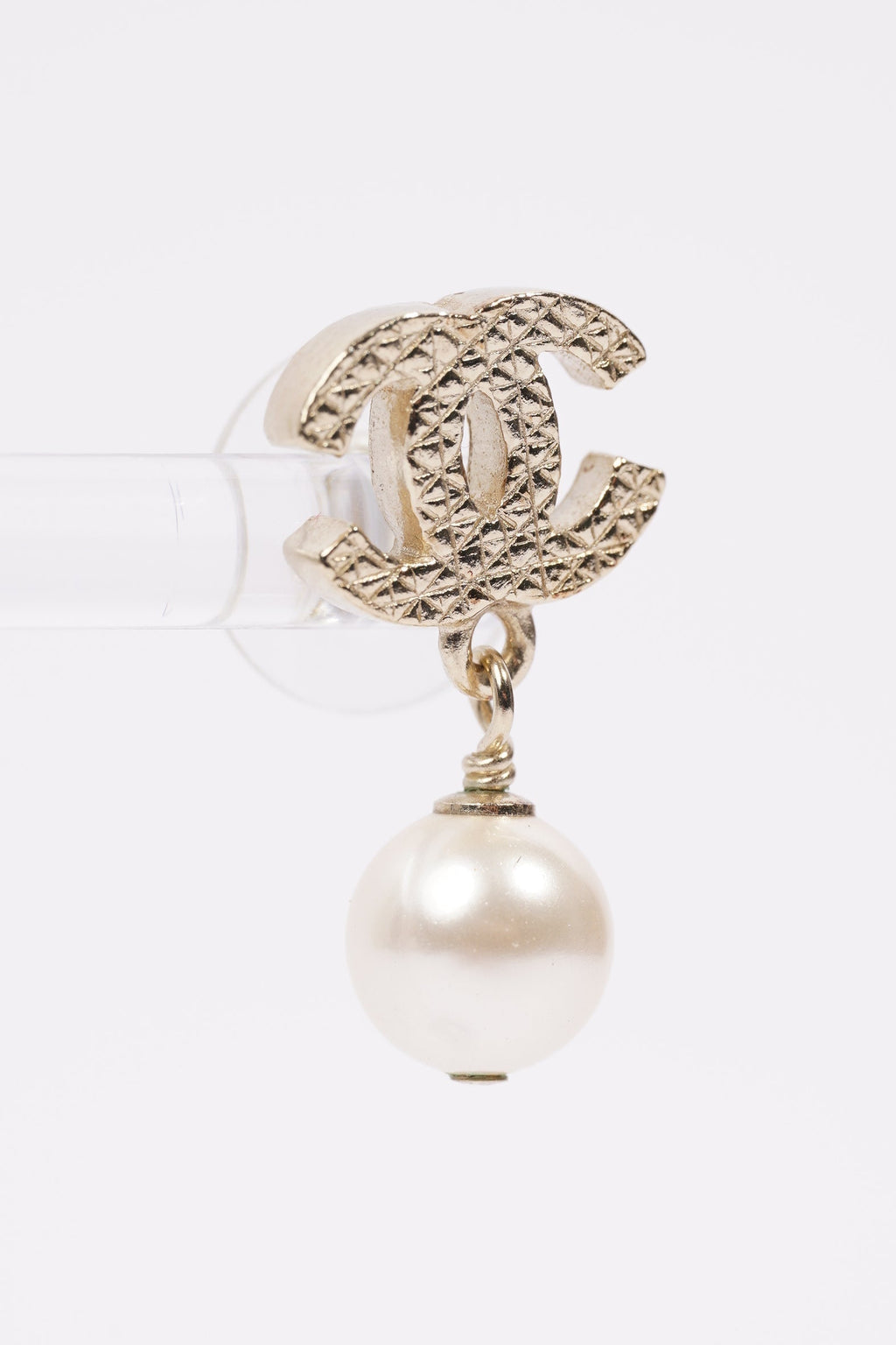 Chanel Womens CC Pearl Drop Earrings Gold