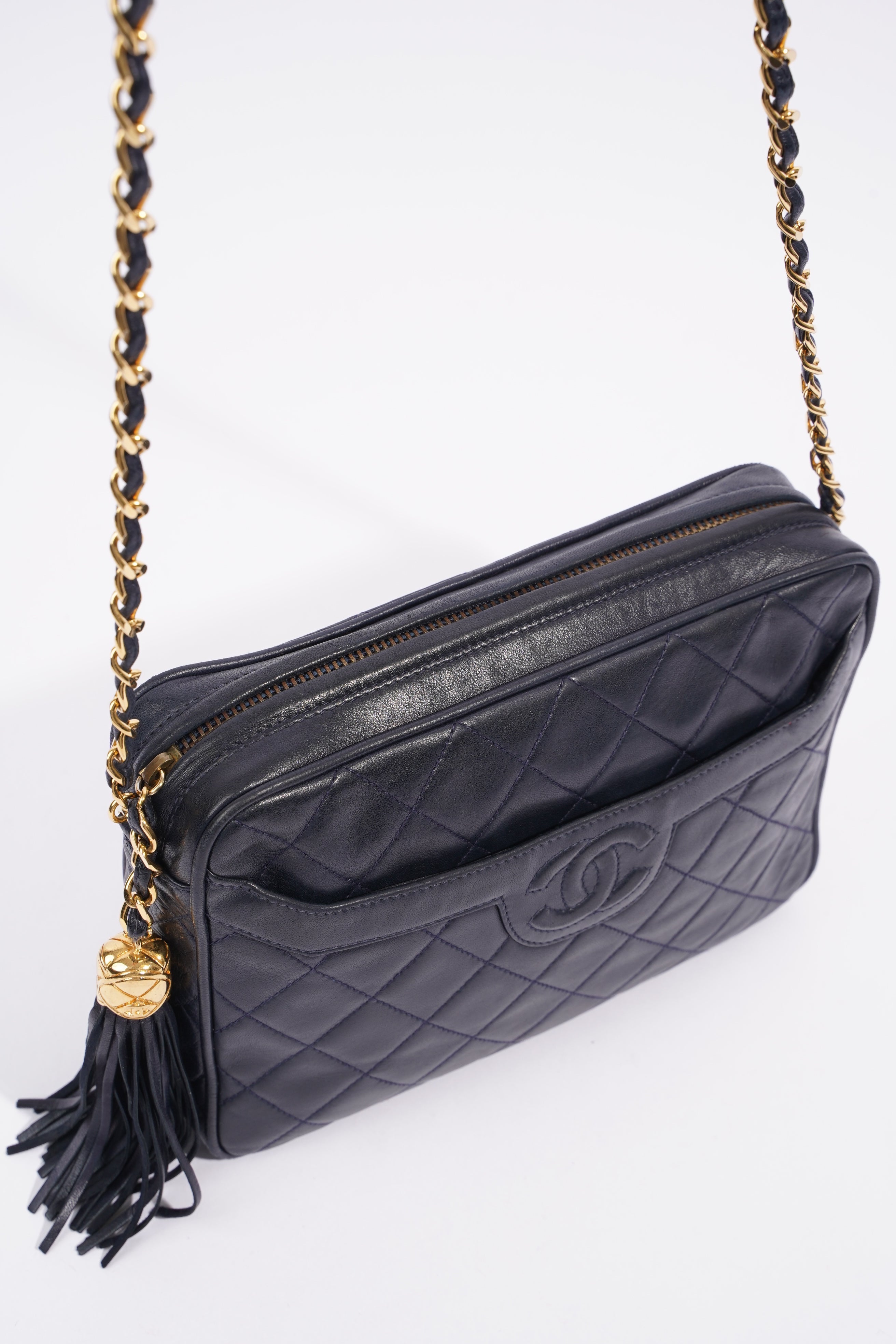 Chanel Camera Tassel Navy Lambskin Leather