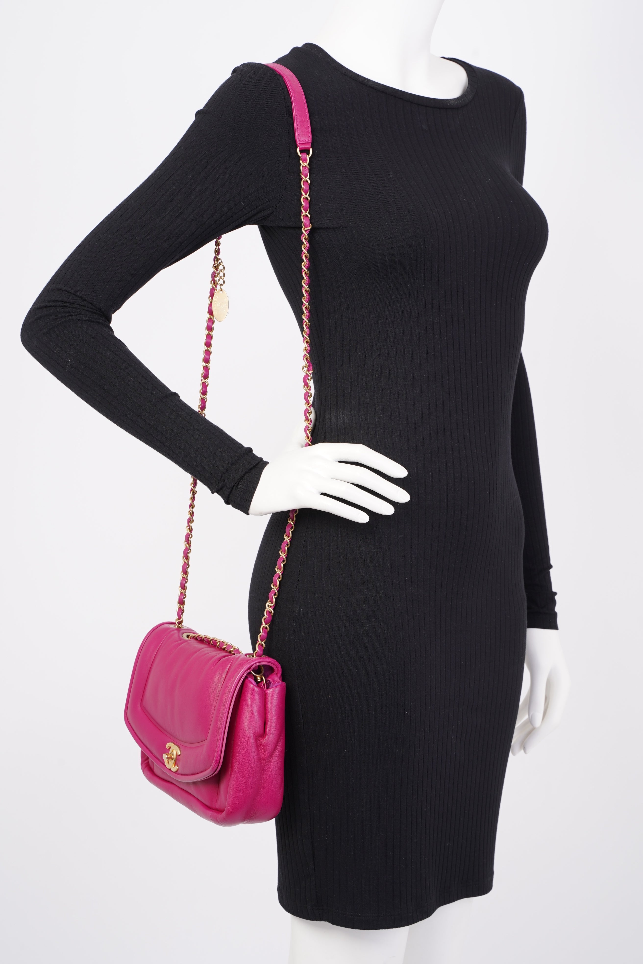 Chanel Border Full Flap  Fuchsia Lambskin Leather Medium